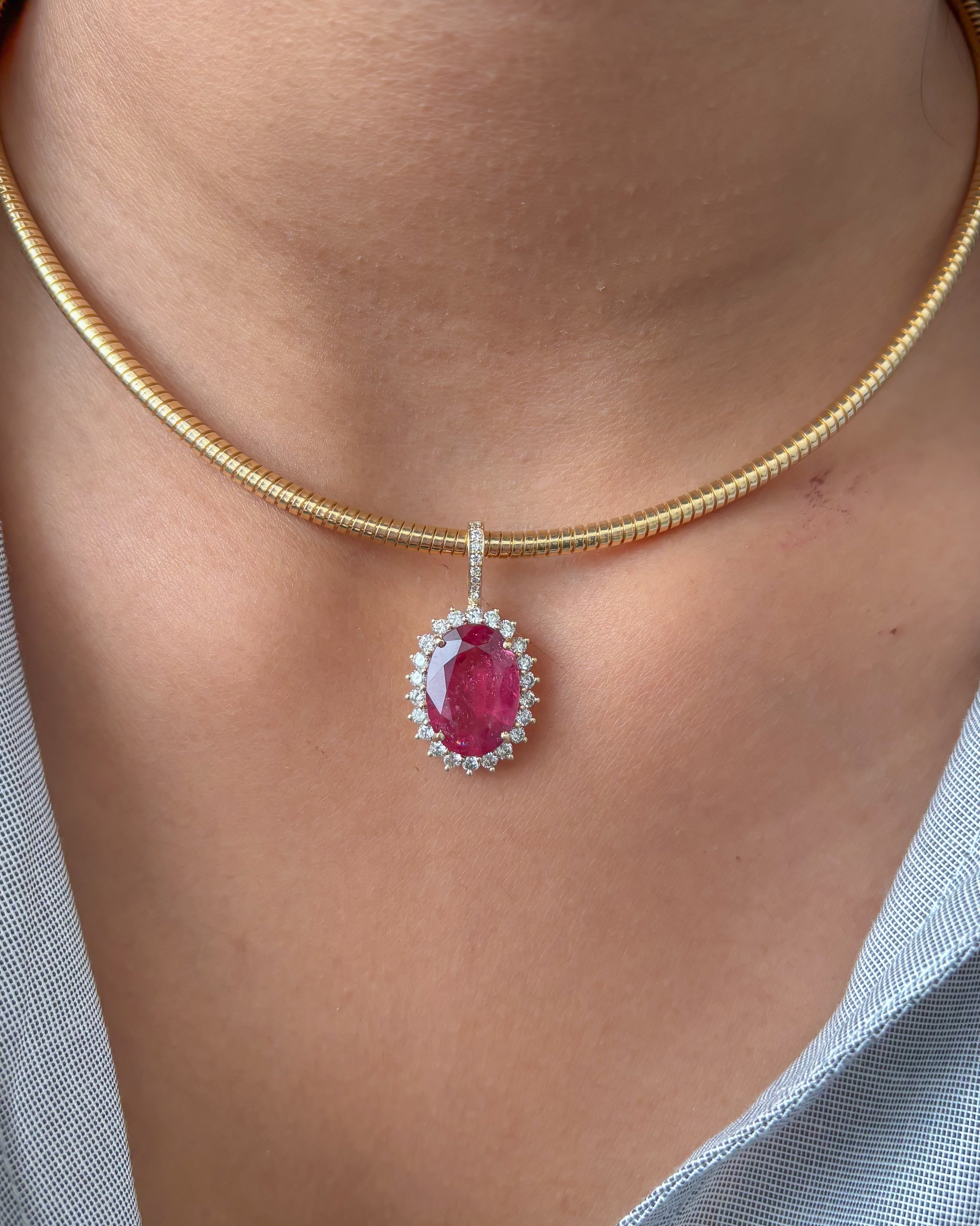 JPPD-1335/12808 Rubillite Halo Diamond Oval Pendant | 14K