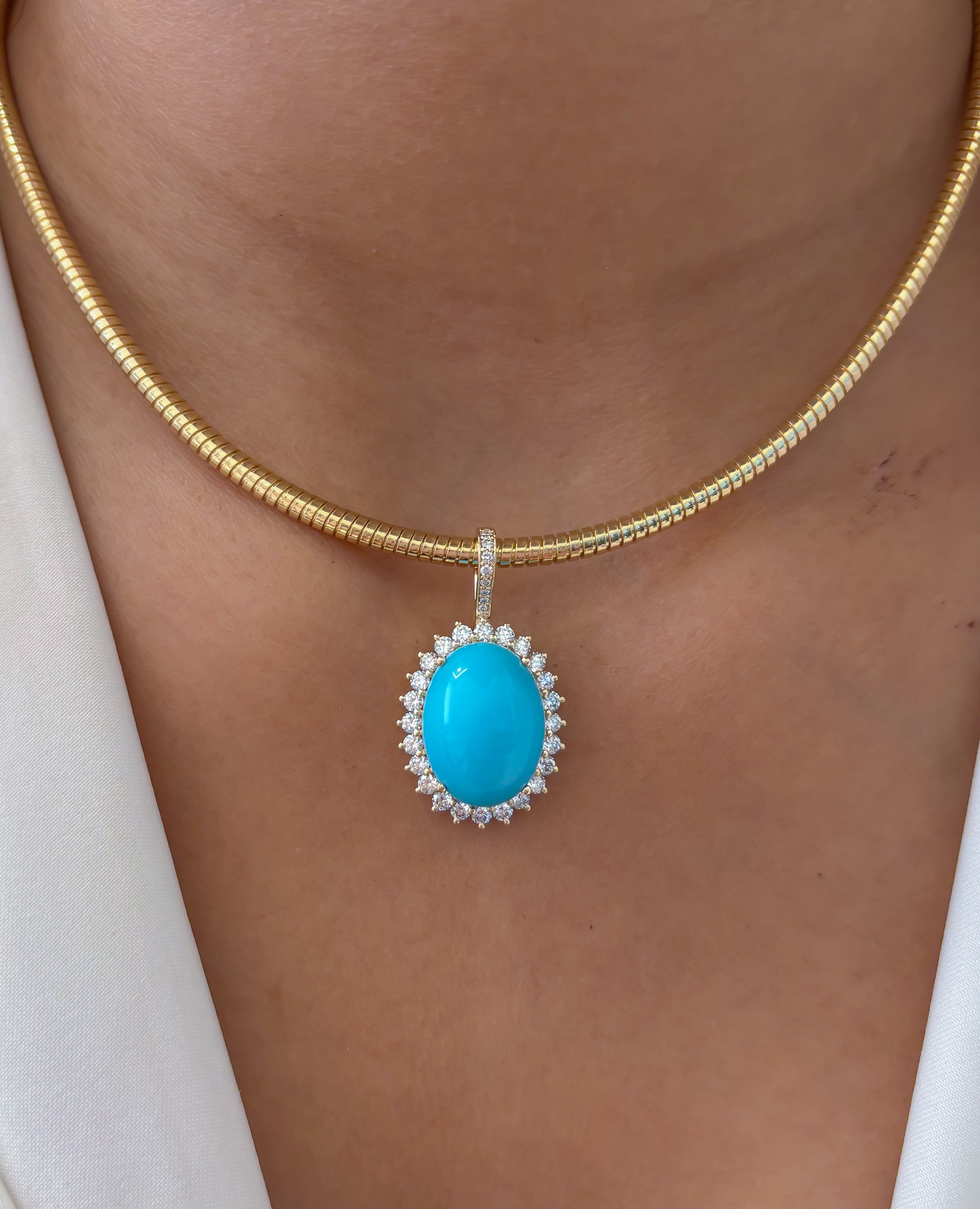 JPPD-1347/12889 Turquoise Halo Diamond Oval Pendant | 14K