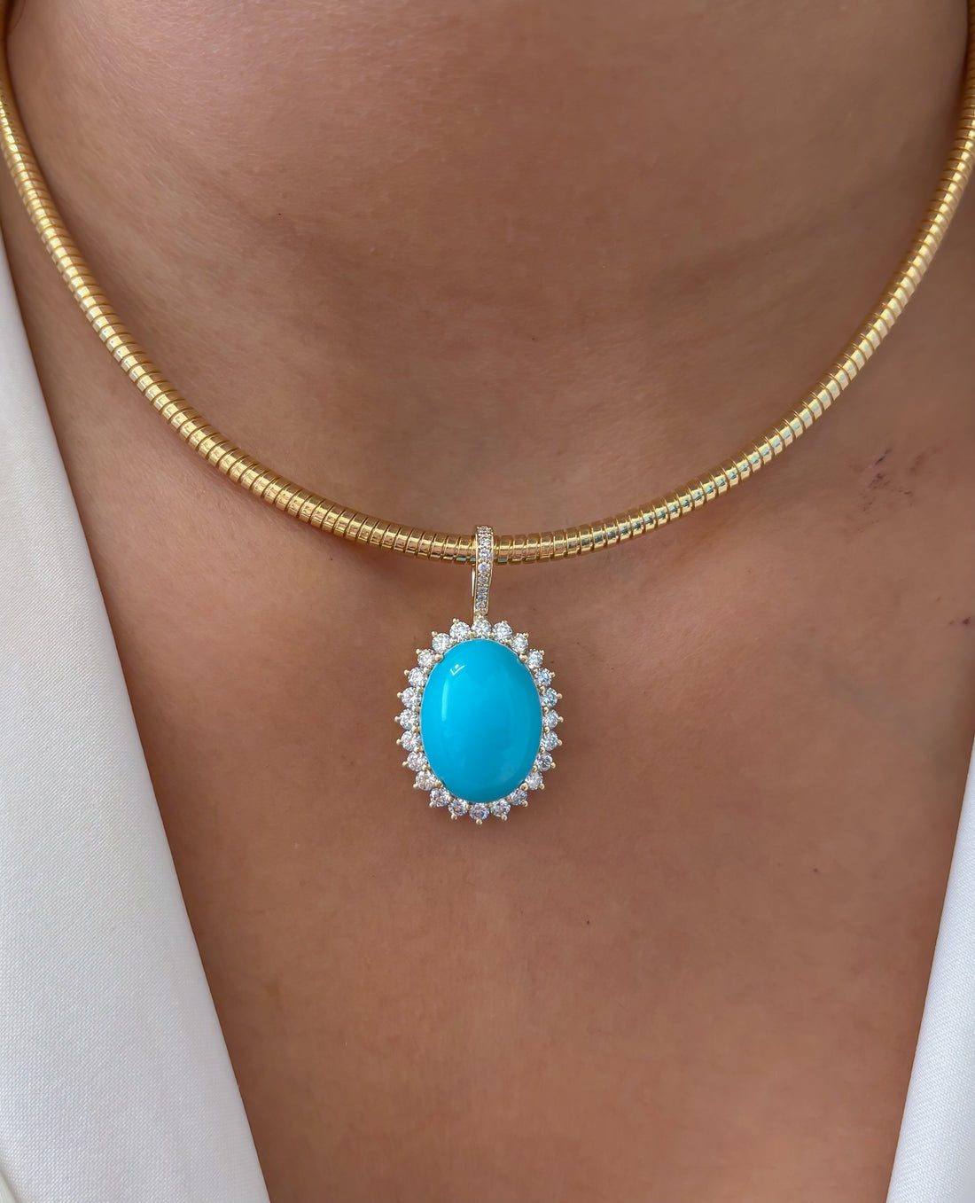 JPPD-1350/12892 Turquoise Halo Diamond Oval Pendant | 14K