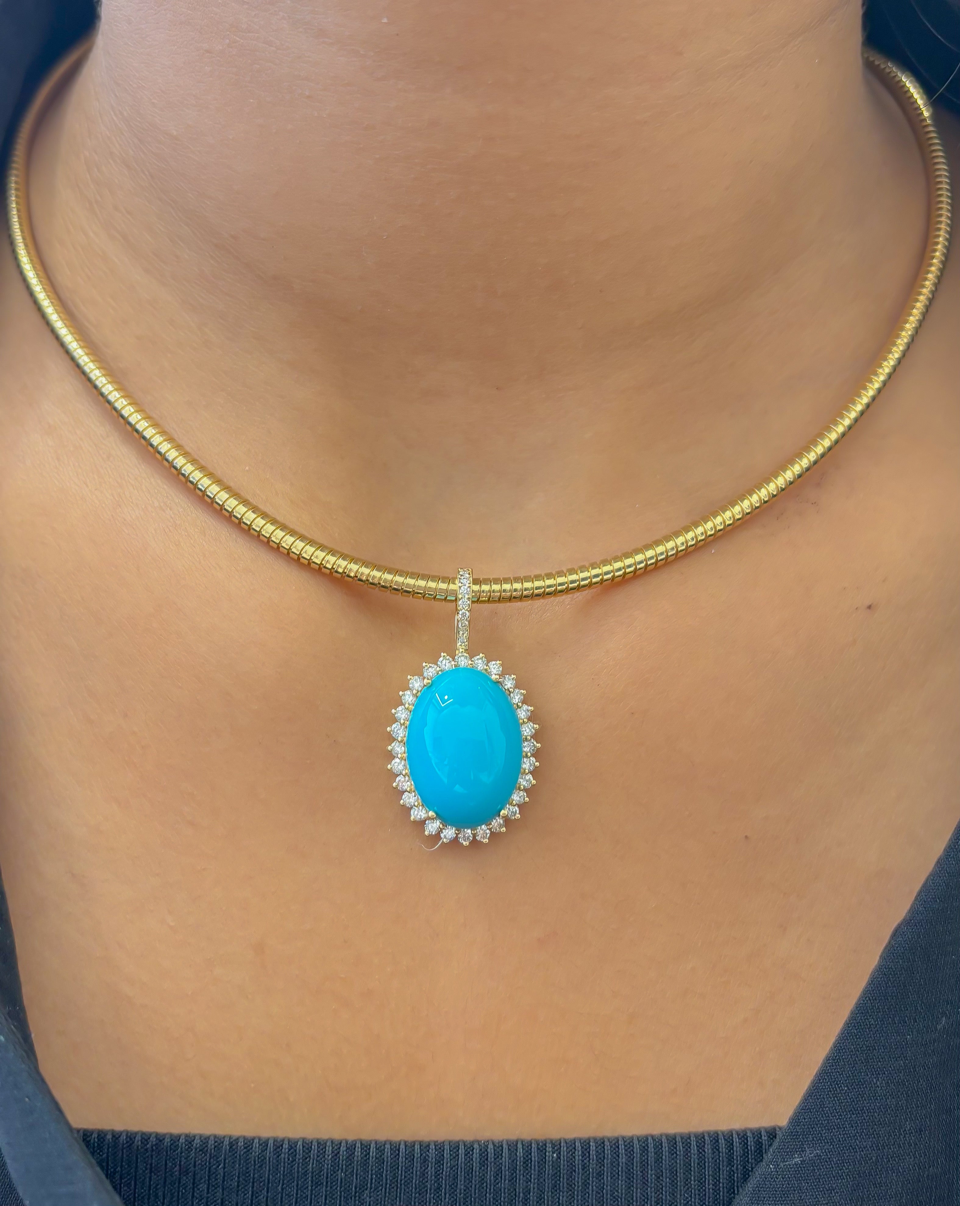 JPPD-1366/12921 Turquoise Halo Diamond Oval Pendant | 14K
