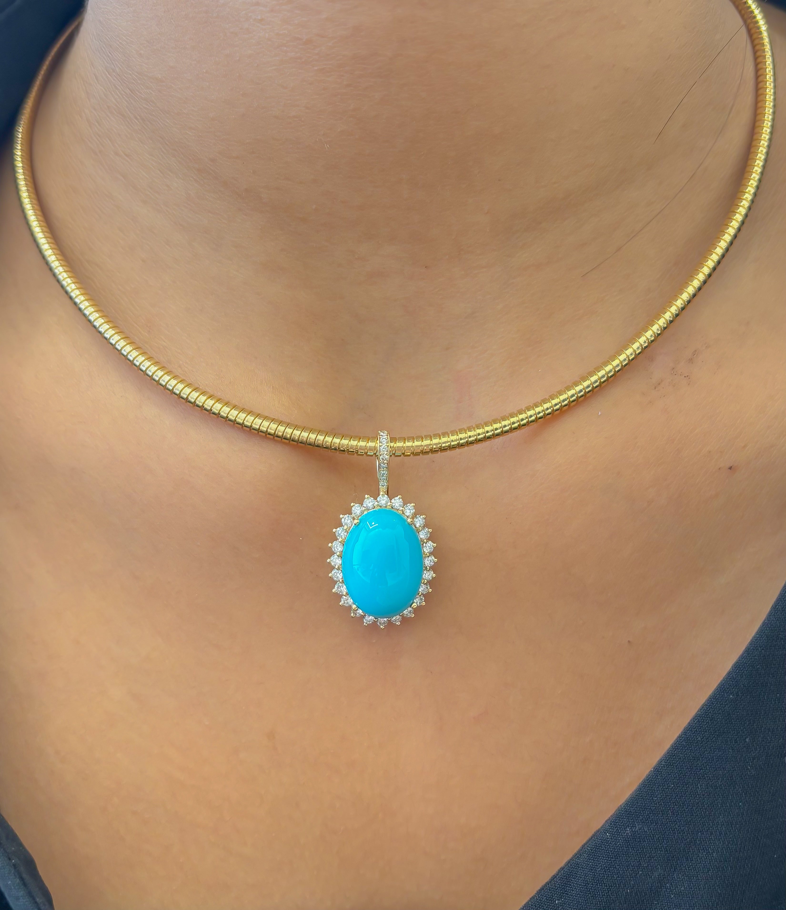 JPPD-1367/12922 Turquoise Halo Diamond Oval Pendant | 14K