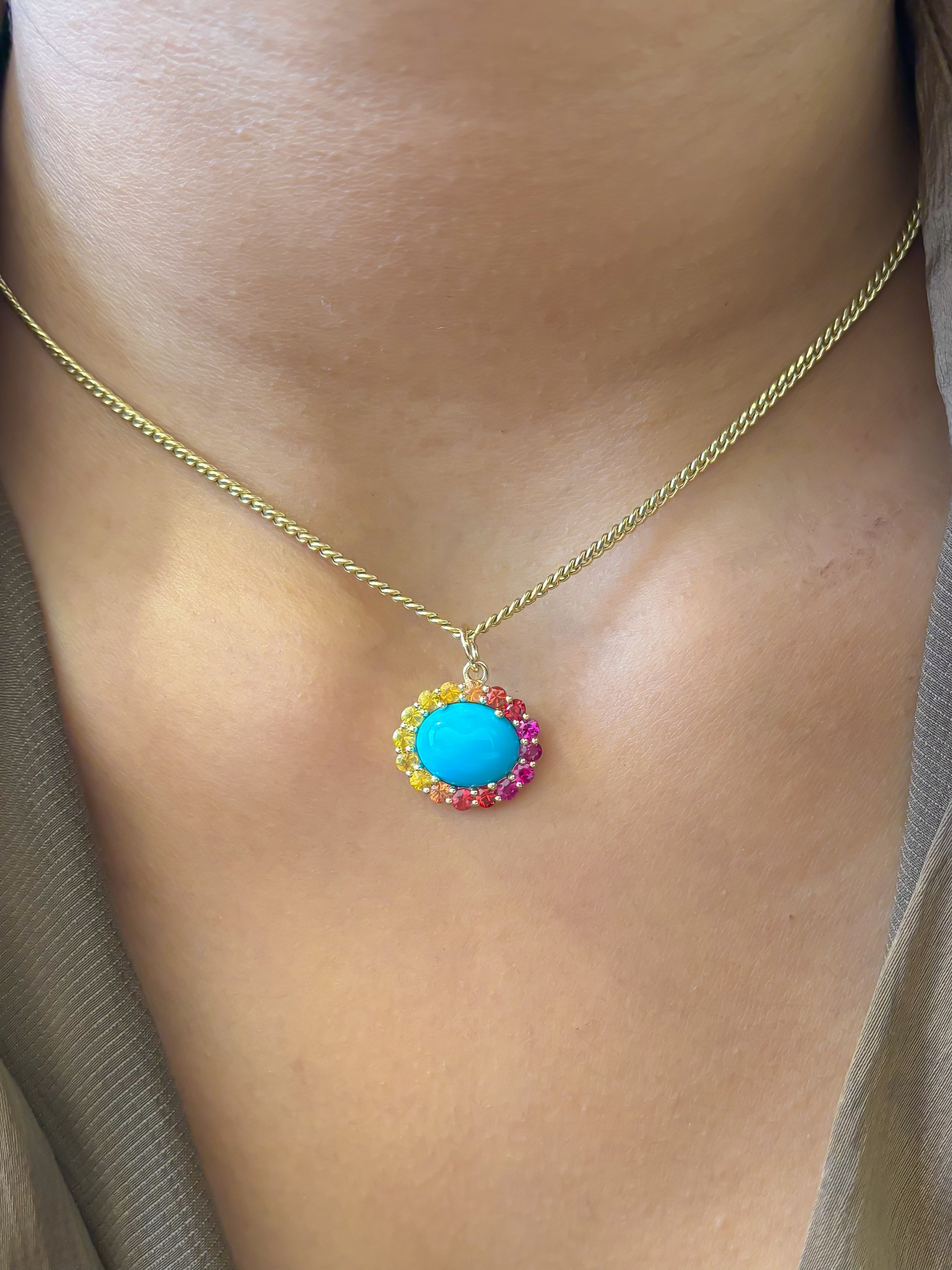 JPPD-1384/13041 Rainbow Sapphire Turquoise Pendant | 14K