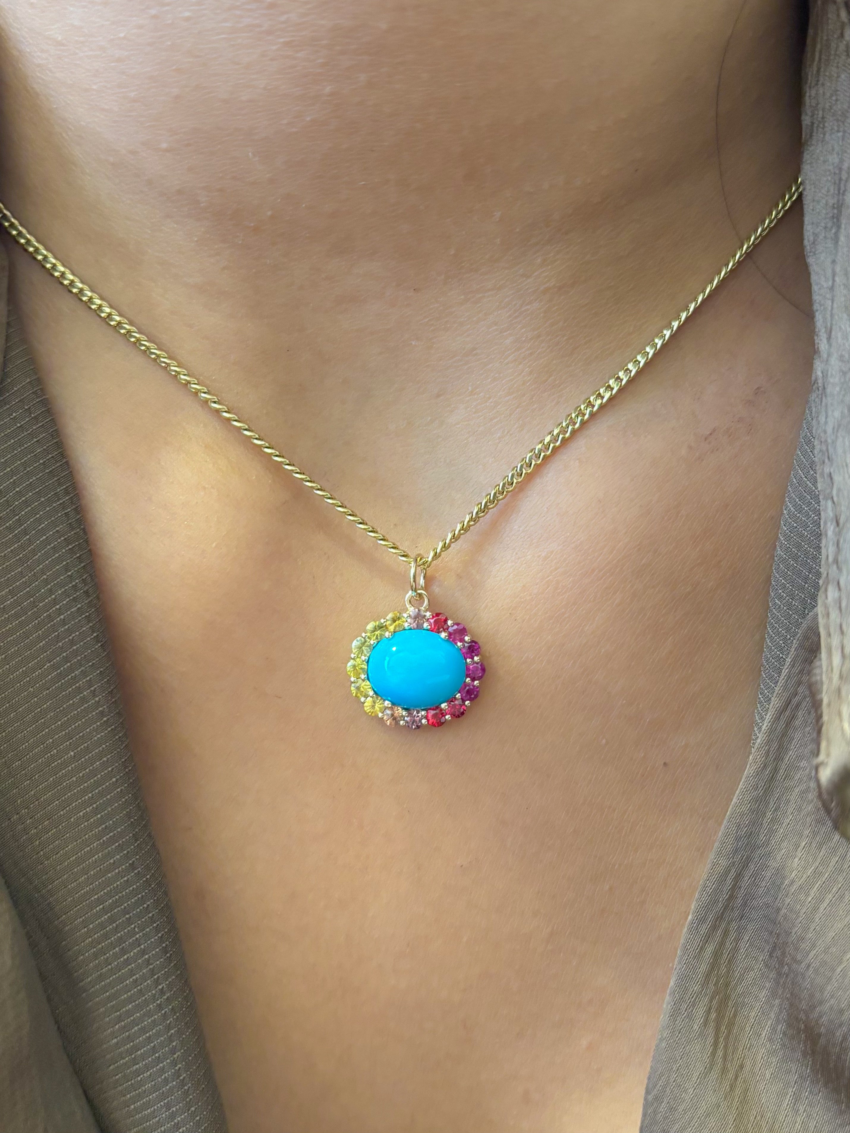 JPPD-1385/13042 Rainbow Sapphire Turquoise Pendant | 14K