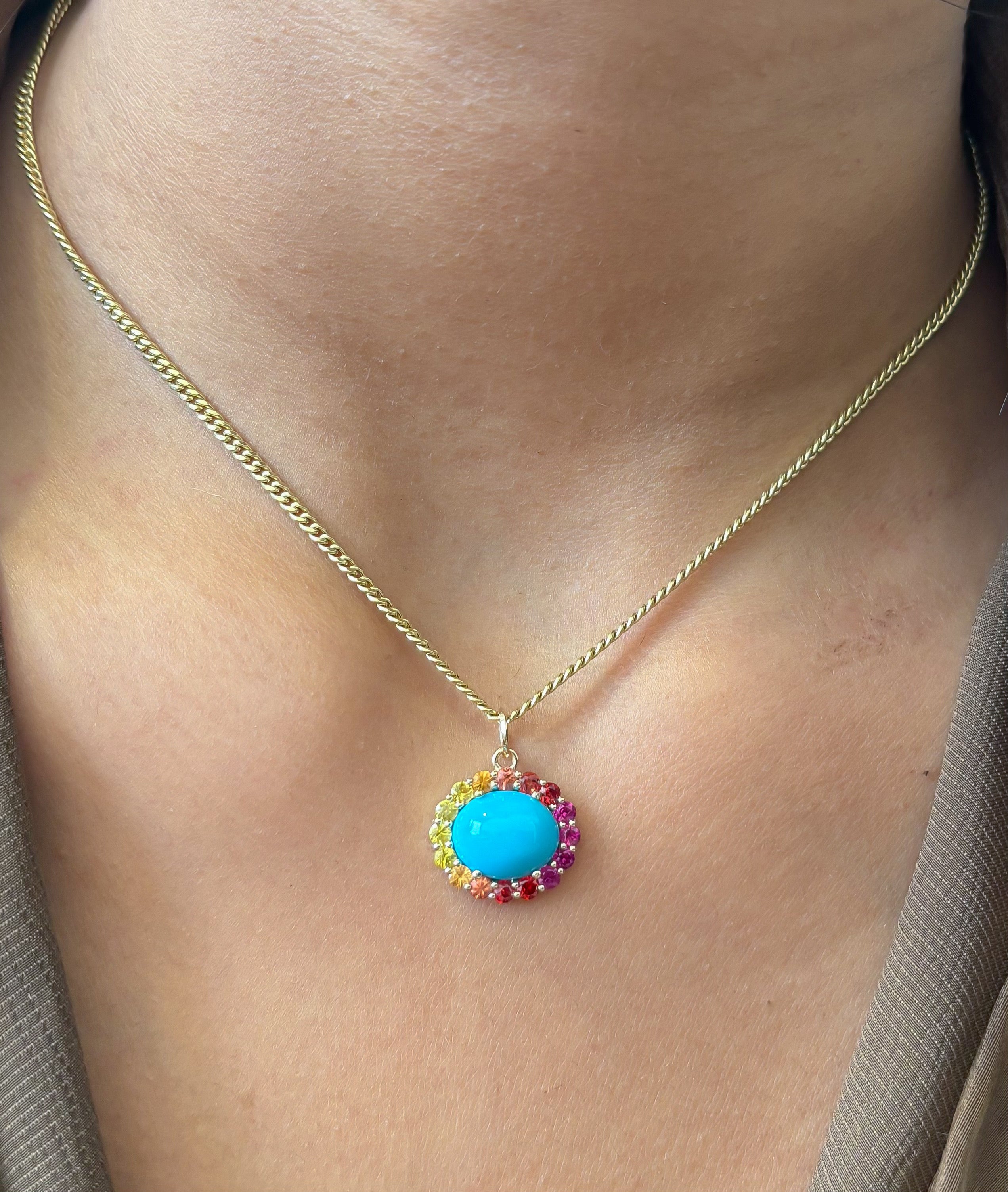 JPPD-1386/13043 Rainbow Sapphire Turquoise Pendant | 14K