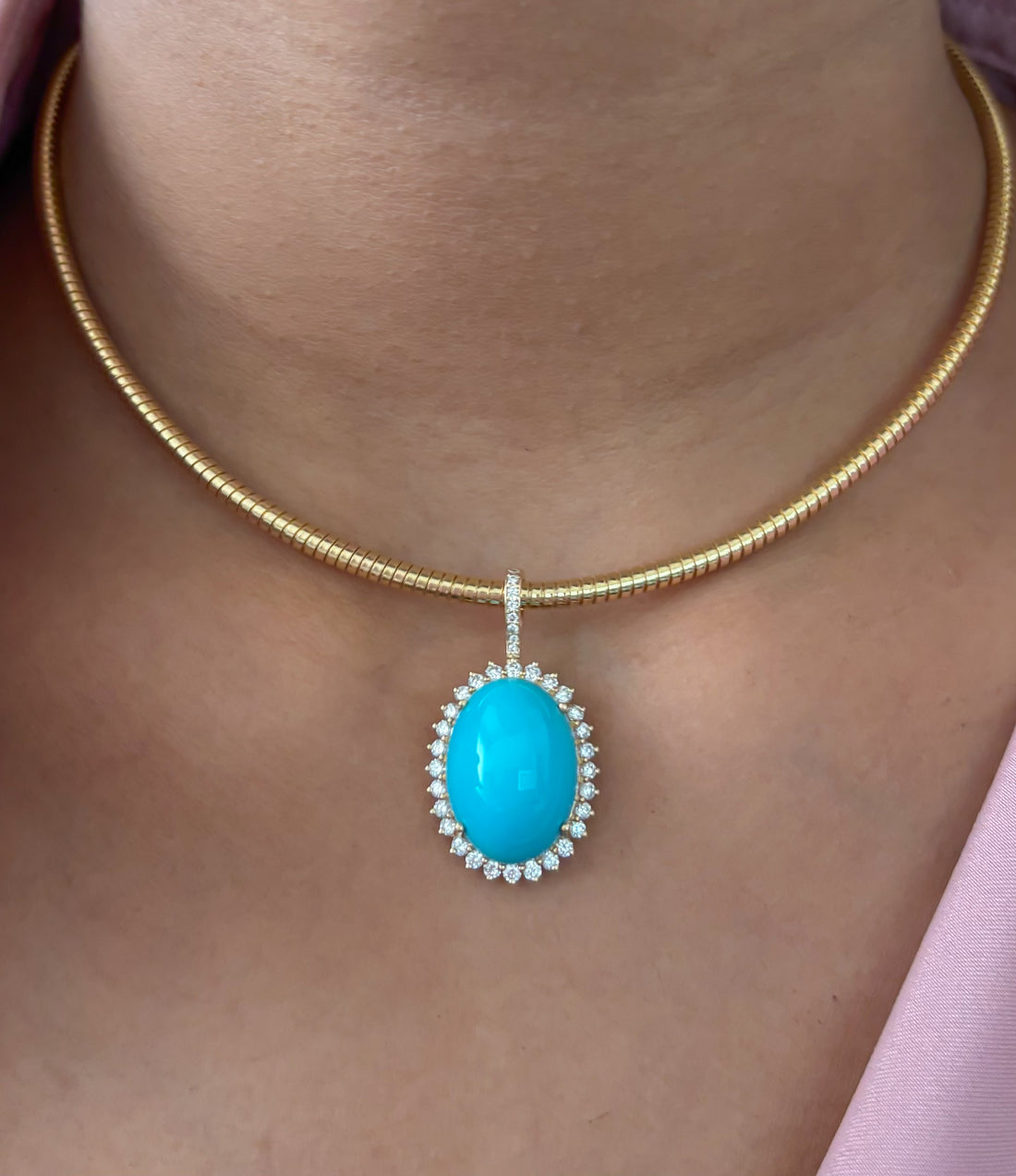 JPPD-1388/13093 Turquoise Halo Diamond Oval Pendant | 14K