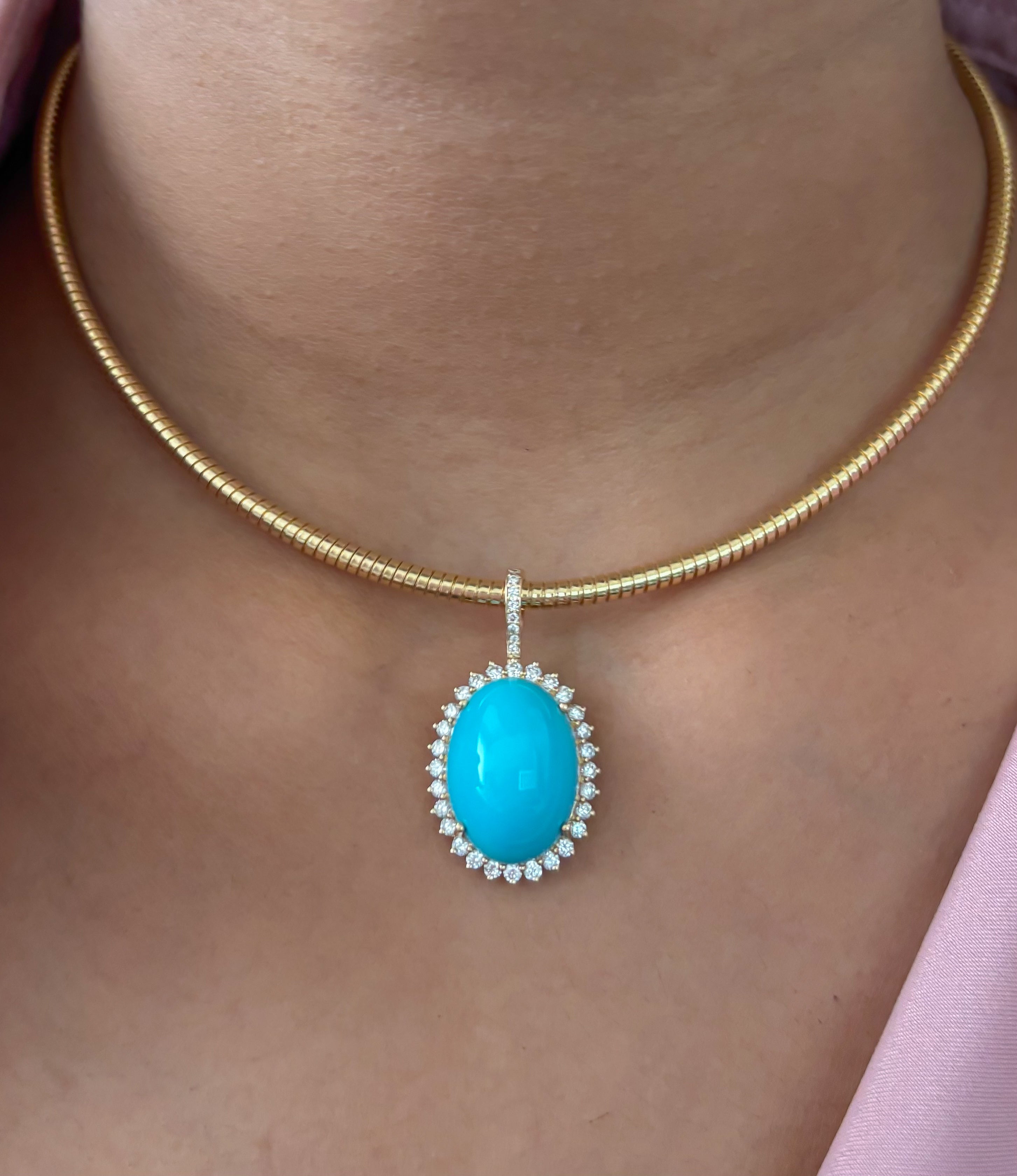 JPPD-1388/13093 Turquoise Halo Diamond Oval Pendant | 14K