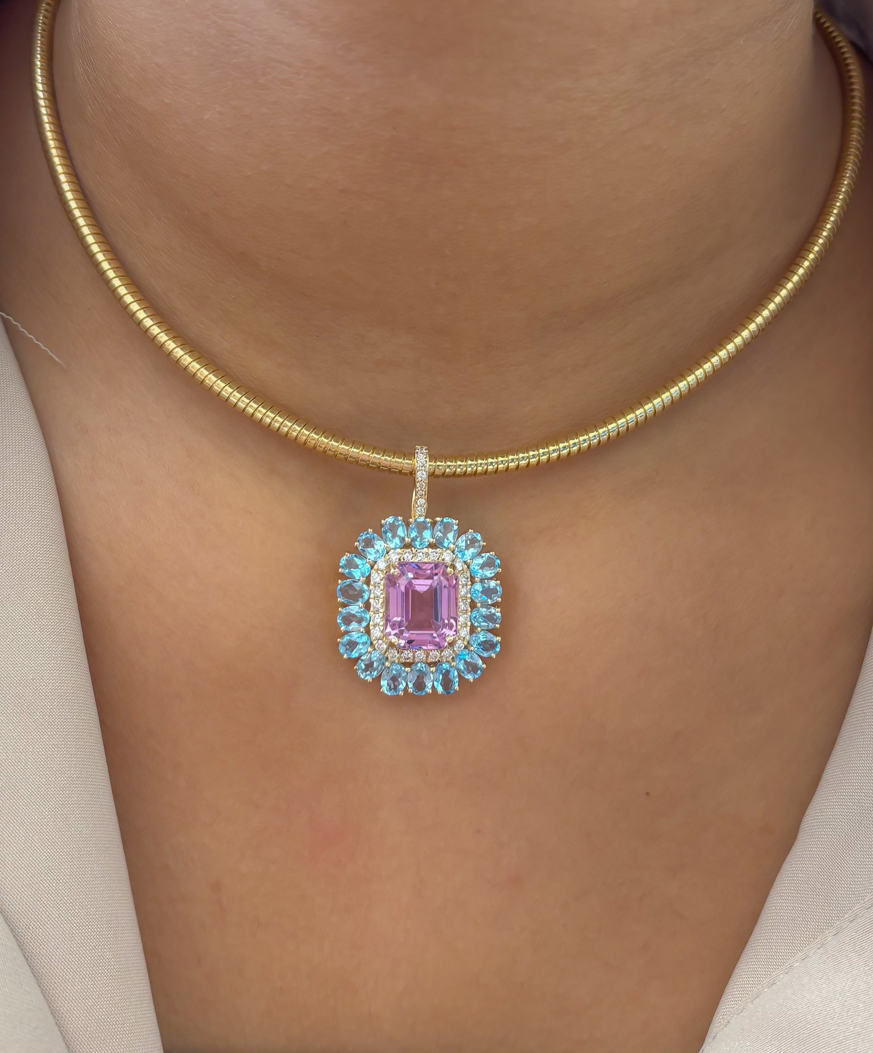 JPPD-1489/13784 Blue Topaz Kunzite Diamond Pendant | 14K