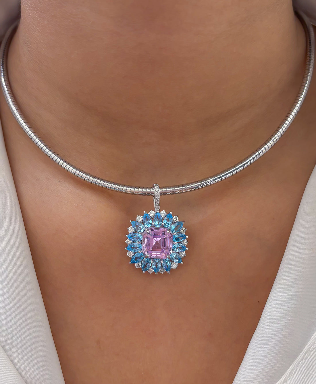 JPPD-1502/13827 Blue Topaz Kunzite Diamond Pendant | 14K