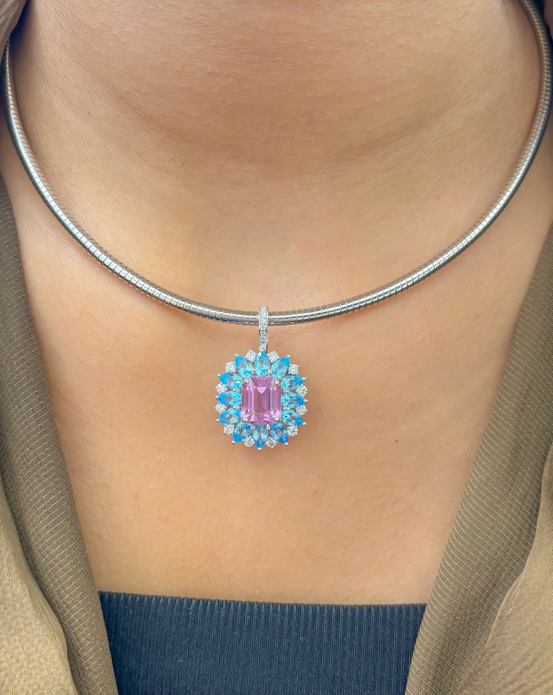 JPPD-1505/13846 Diamond Kunzite Blue Topaz Pendant | 14K