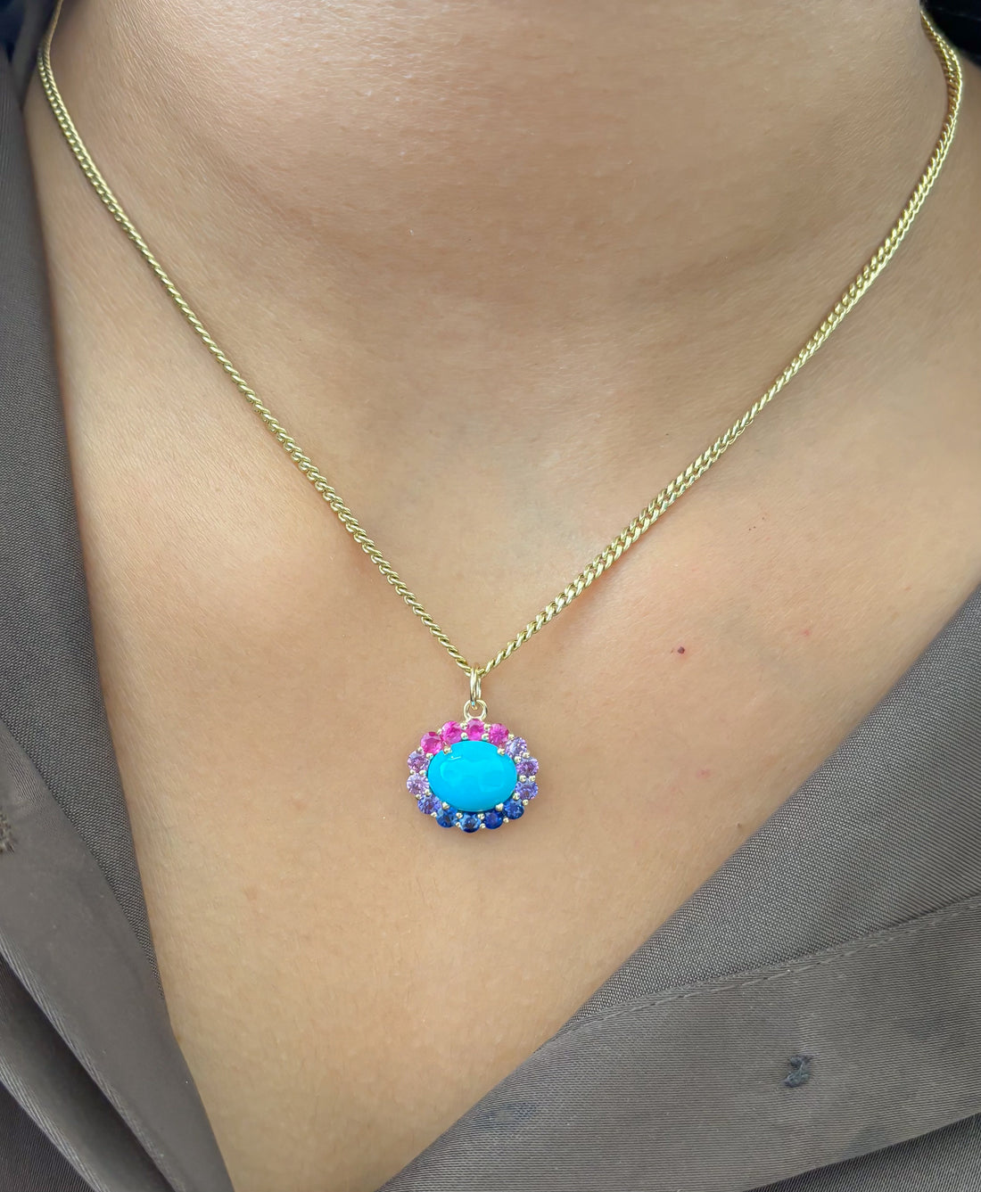 JPPD-1631/14131 Rainbow Sapphire Turquoise Pendant | 14K