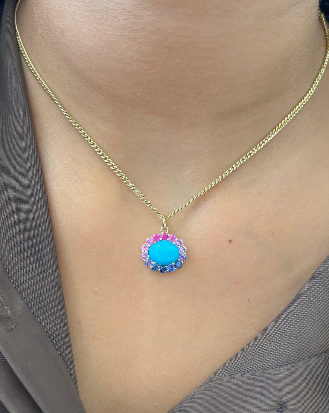 JPPD-1632/14132 Rainbow Sapphire Turquoise Pendant | 14K