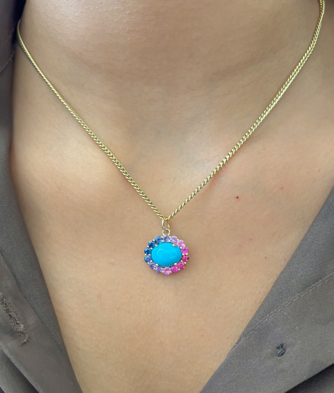 JPPD-1633/14133 Rainbow Sapphire Turquoise Pendant | 14K