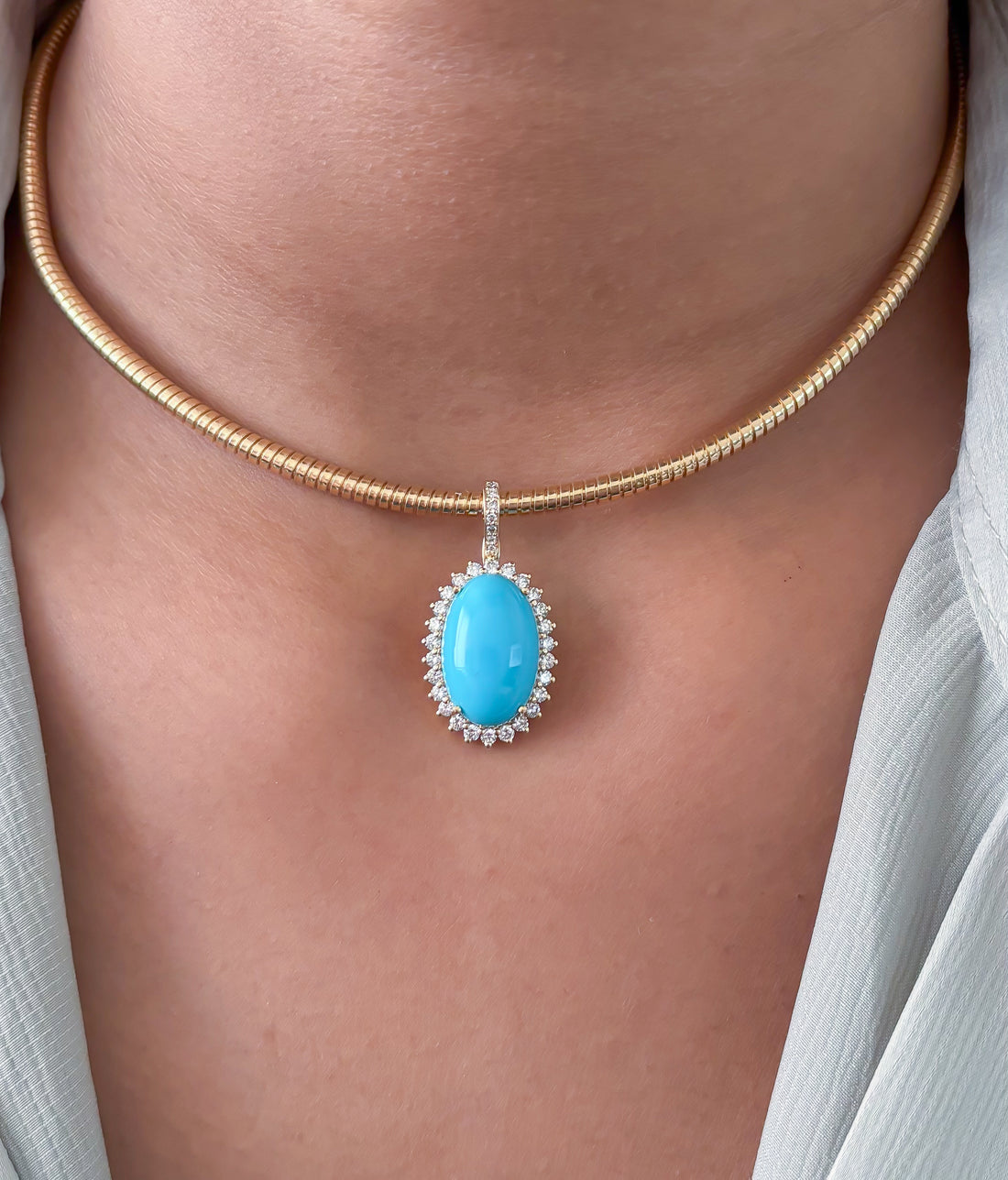 JPPD-1756/14274 Turquoise Halo Diamond Oval Pendant | 14K