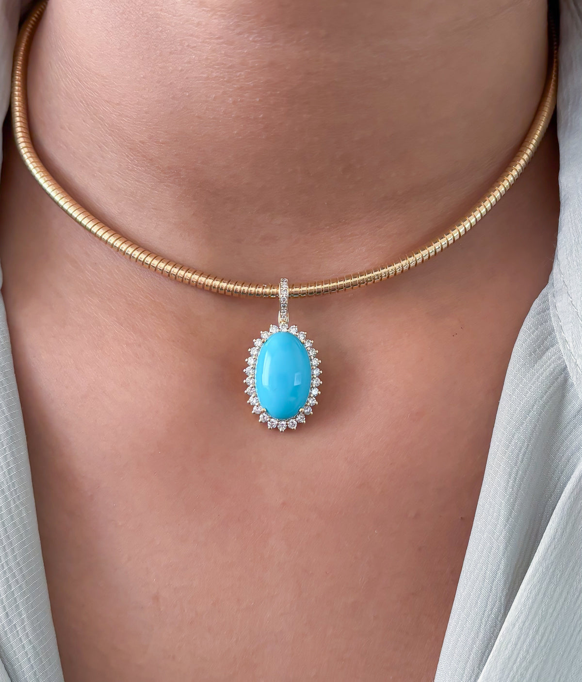 JPPD-1756/14274 Turquoise Halo Diamond Oval Pendant | 14K