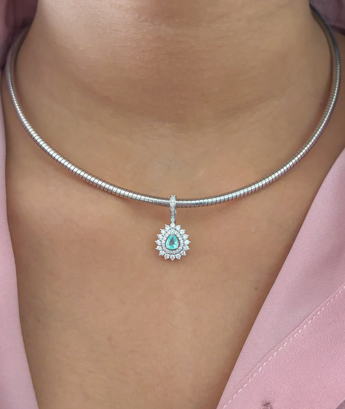 JPPD-1839/14405 Paraiba Tourmaline Halo Diamond Pear Pendant | 18K