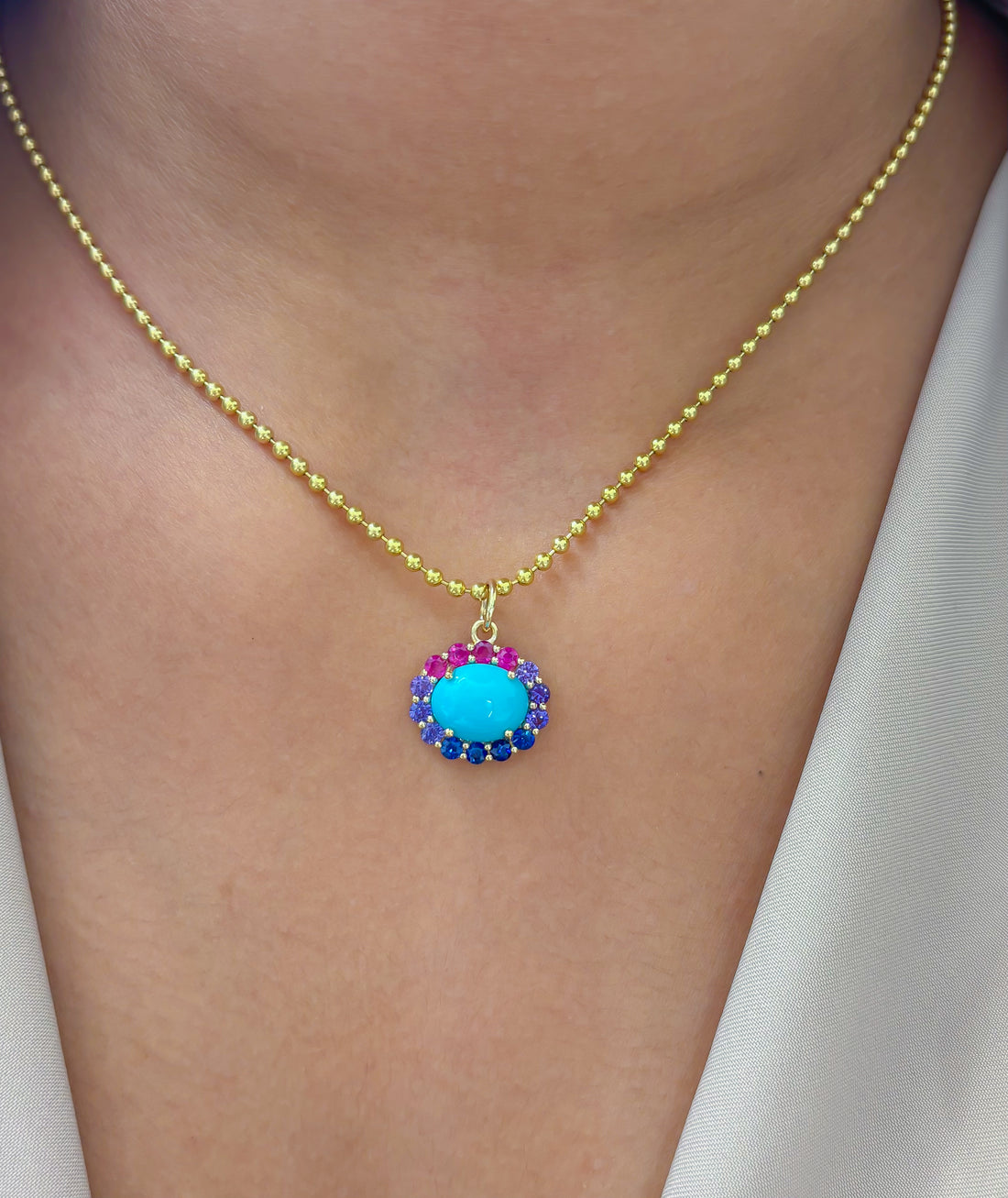JPPD-1880/14493 Rainbow Sapphire Turquoise Pendant | 14K