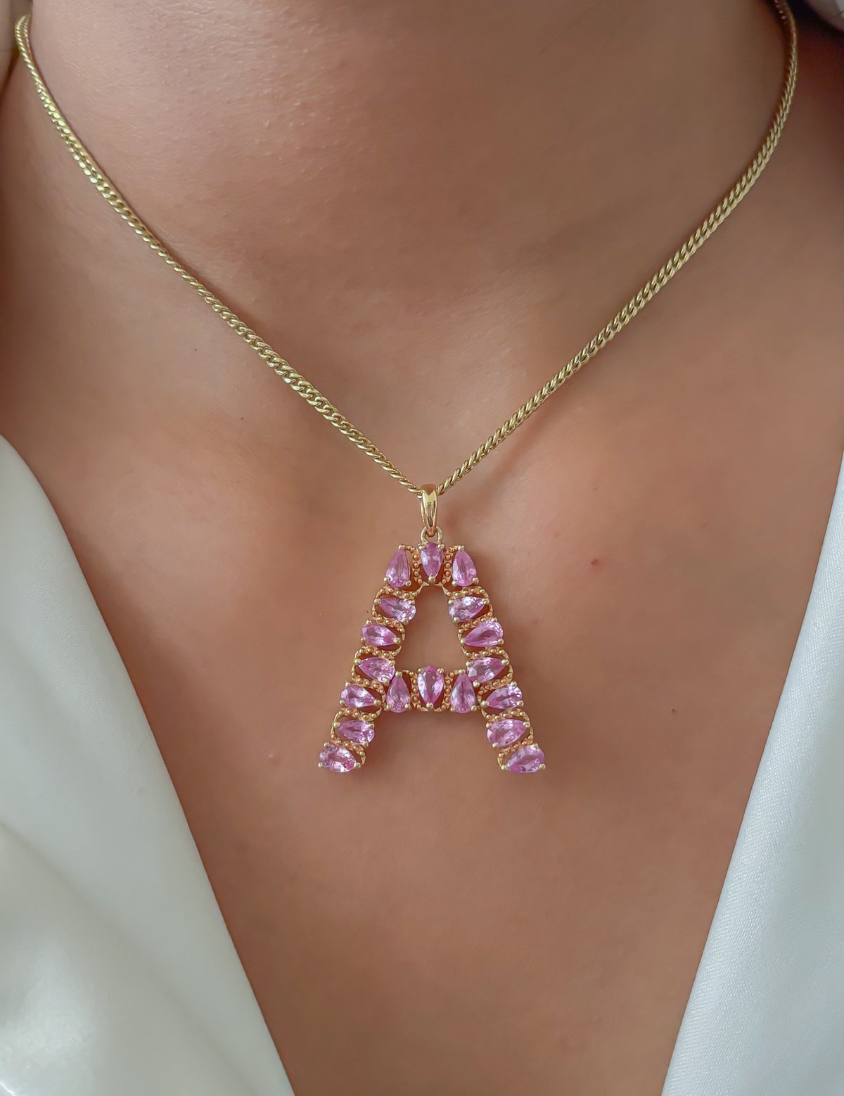 JPPD-371/6006 Pink Sapphire Pear 5X3 A Letter Pendant | 14K