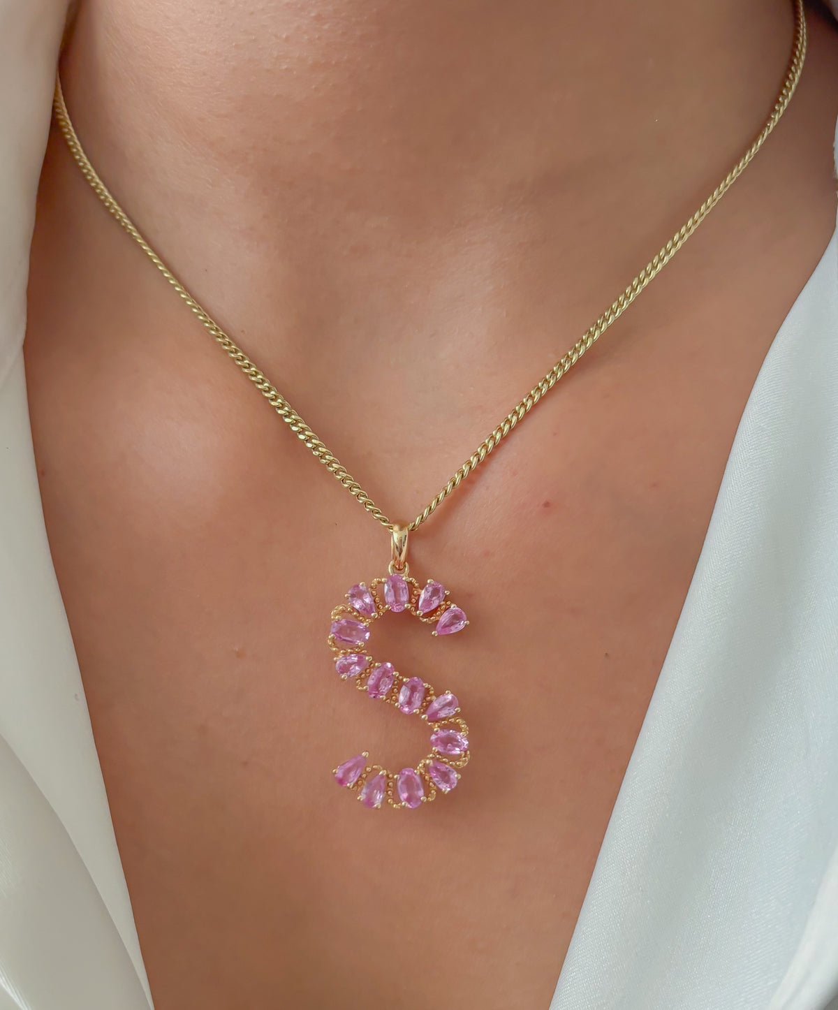 JPPD-374/6175 Pink Sapphire Pear S Letter  Pendant | 14K