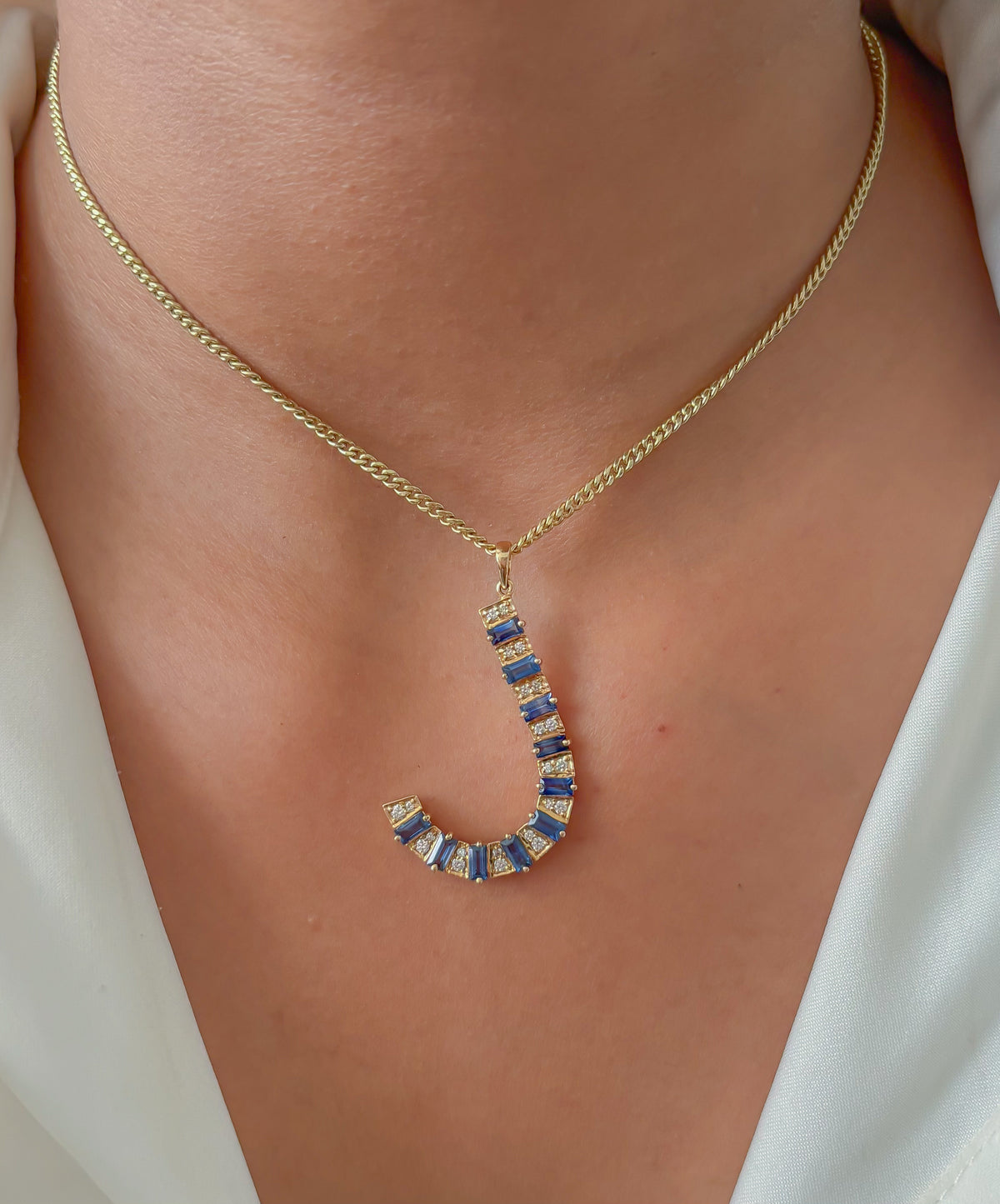 JPPD-384/6330 Blue Sapphire Baguette 4X2 With Diamond J Pendant | 14K
