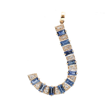 JPPD-384/6330 Blue Sapphire Baguette 4X2 With Diamond J Pendant | 14K