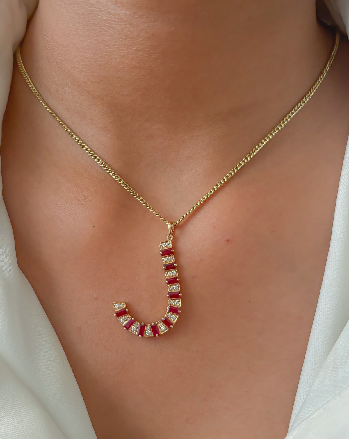 JPPD-385/6331 Ruby  Baguette 4X2 With Diamond J Pendant | 14K