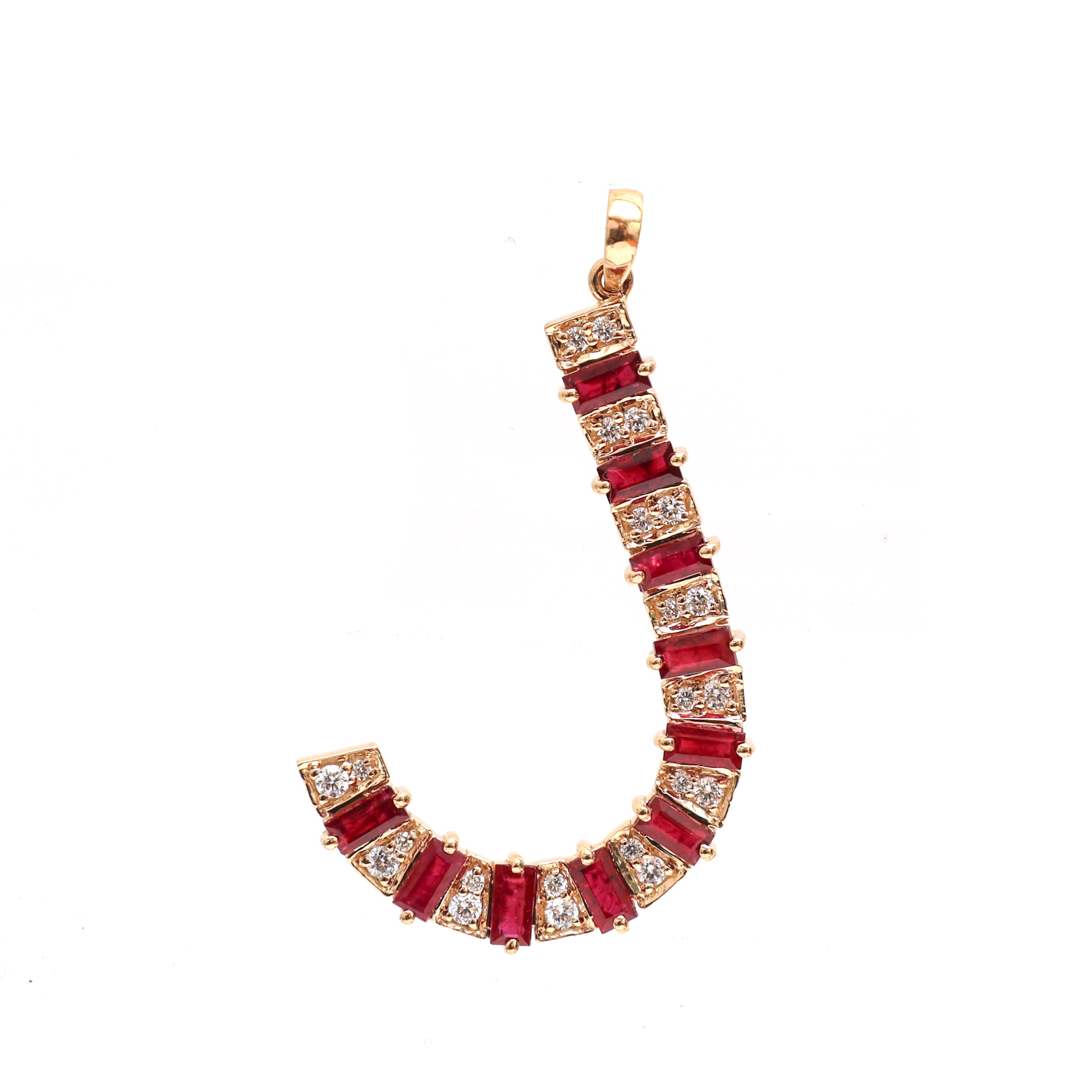 JPPD-385/6331 Ruby  Baguette 4X2 With Diamond J Pendant | 14K