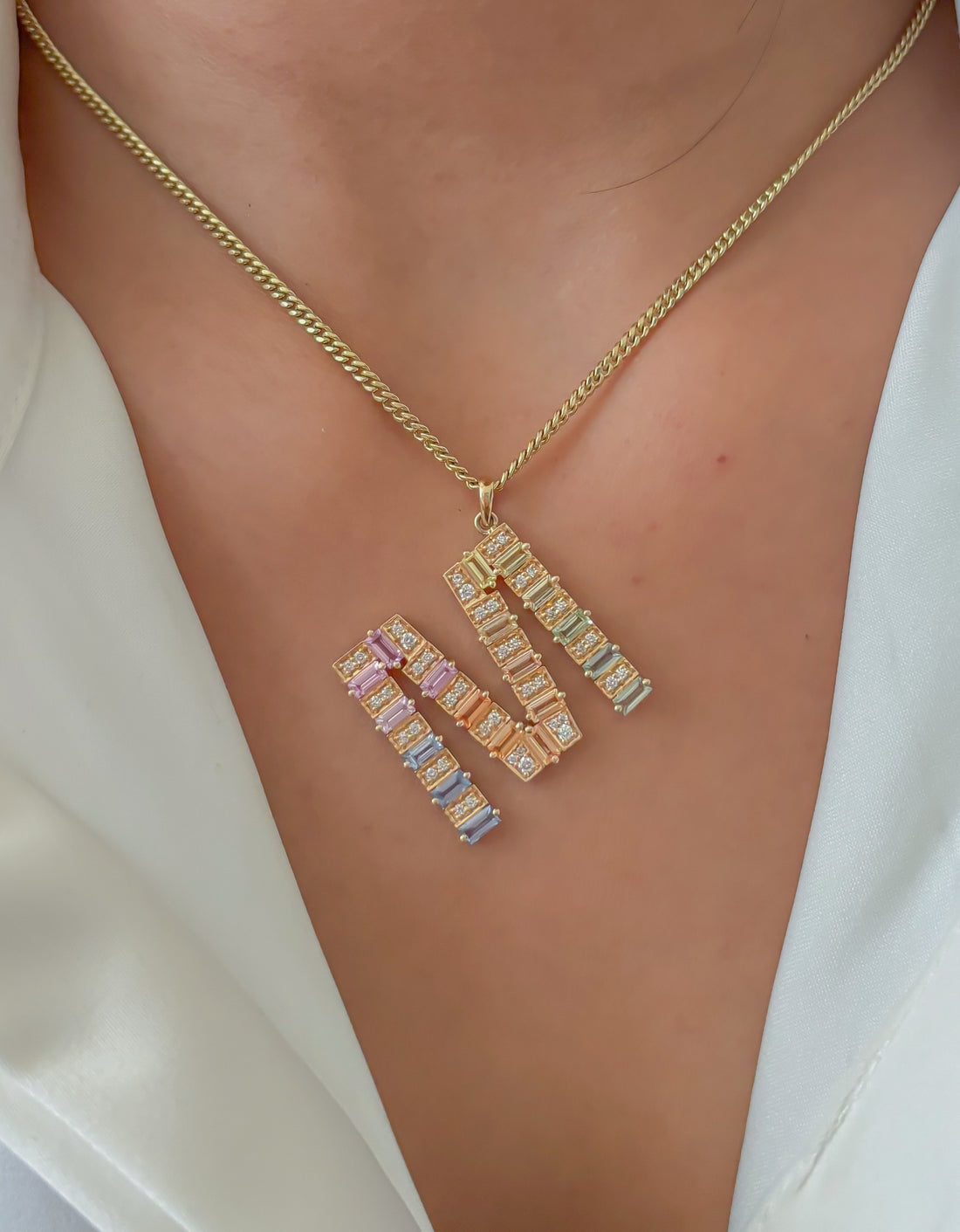 JPPD-386/6455 Rainbow Sapphire Baguette 4X2 With  Diamond M Pendant | 14K