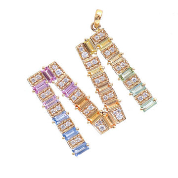 JPPD-386/6455 Rainbow Sapphire Baguette 4X2 With  Diamond M Pendant | 14K