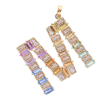 JPPD-386/6455 Rainbow Sapphire Baguette 4X2 With  Diamond M Pendant | 14K