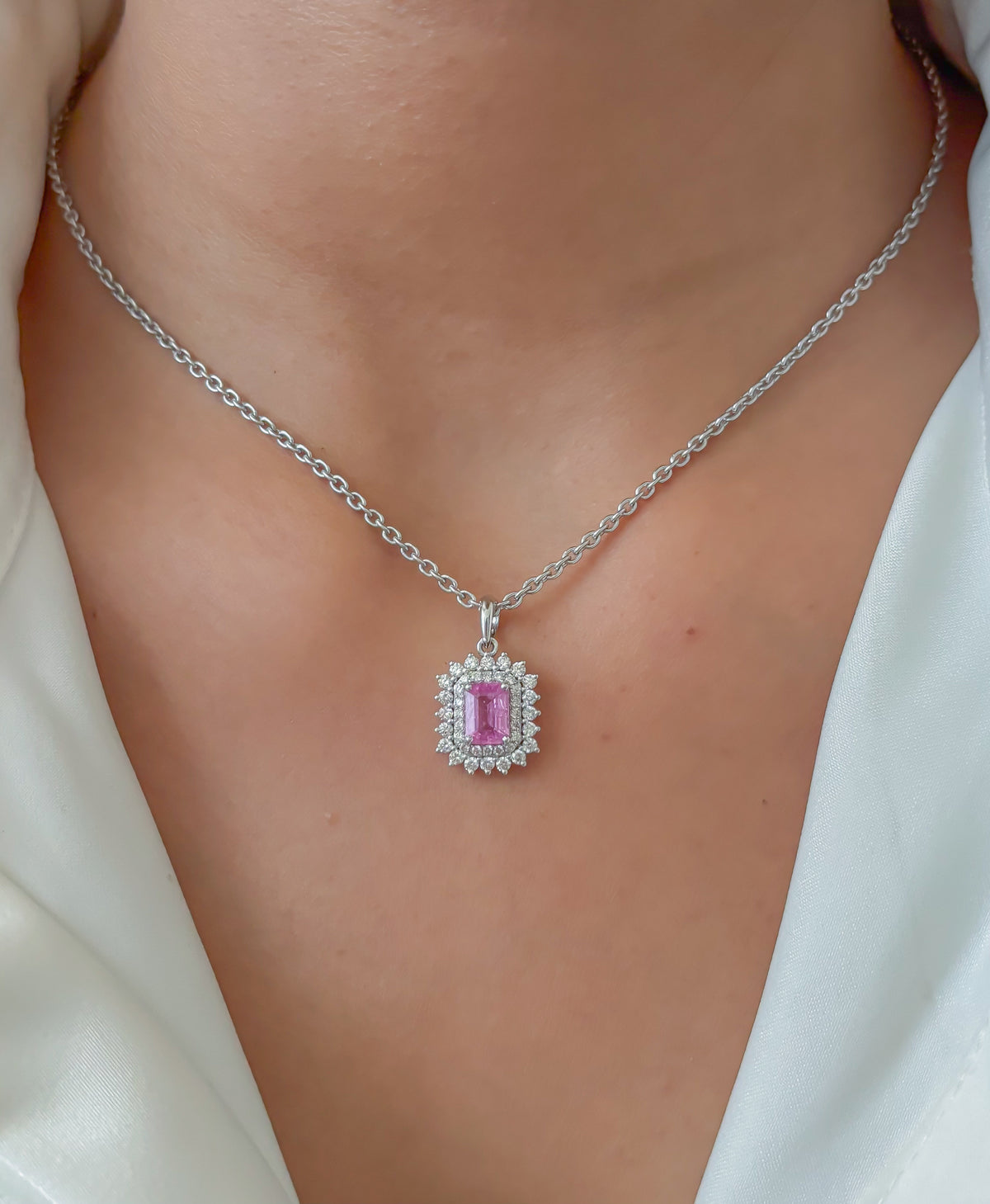 JPPD-568/7959 Pink Sapphire Octagon Double Halo Pendant | 18K