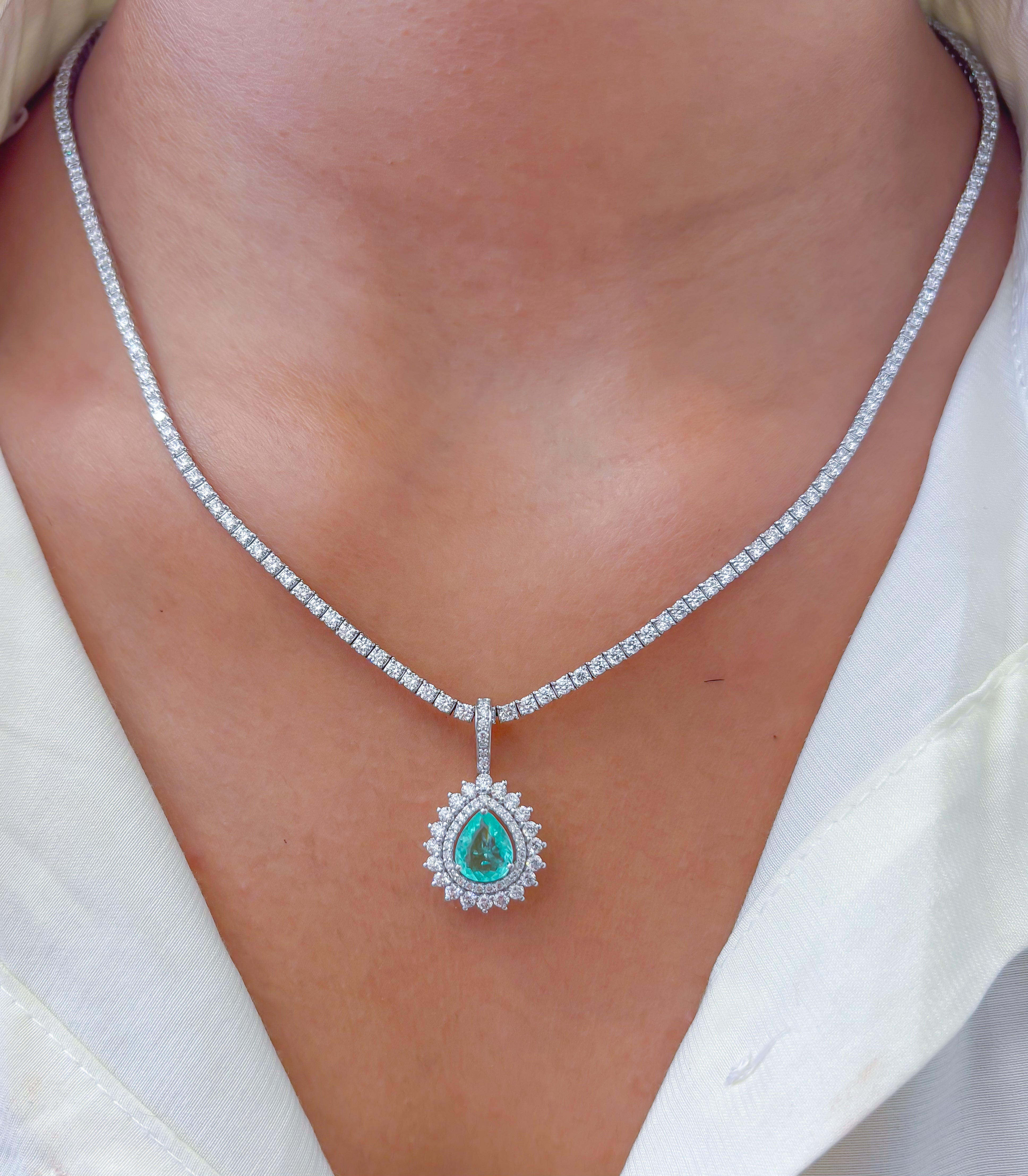 JPPD-868/9649 Paraiba Tourmaline Helo Diamond Pear Pendant | 18K