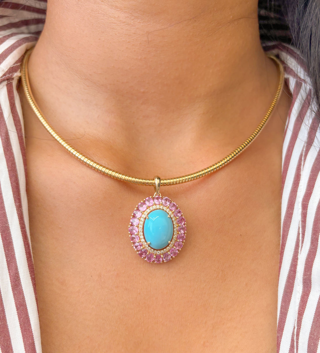 JPPD-884/9724 Turquoise Pink Sapphire Diamond Pendant | 14K