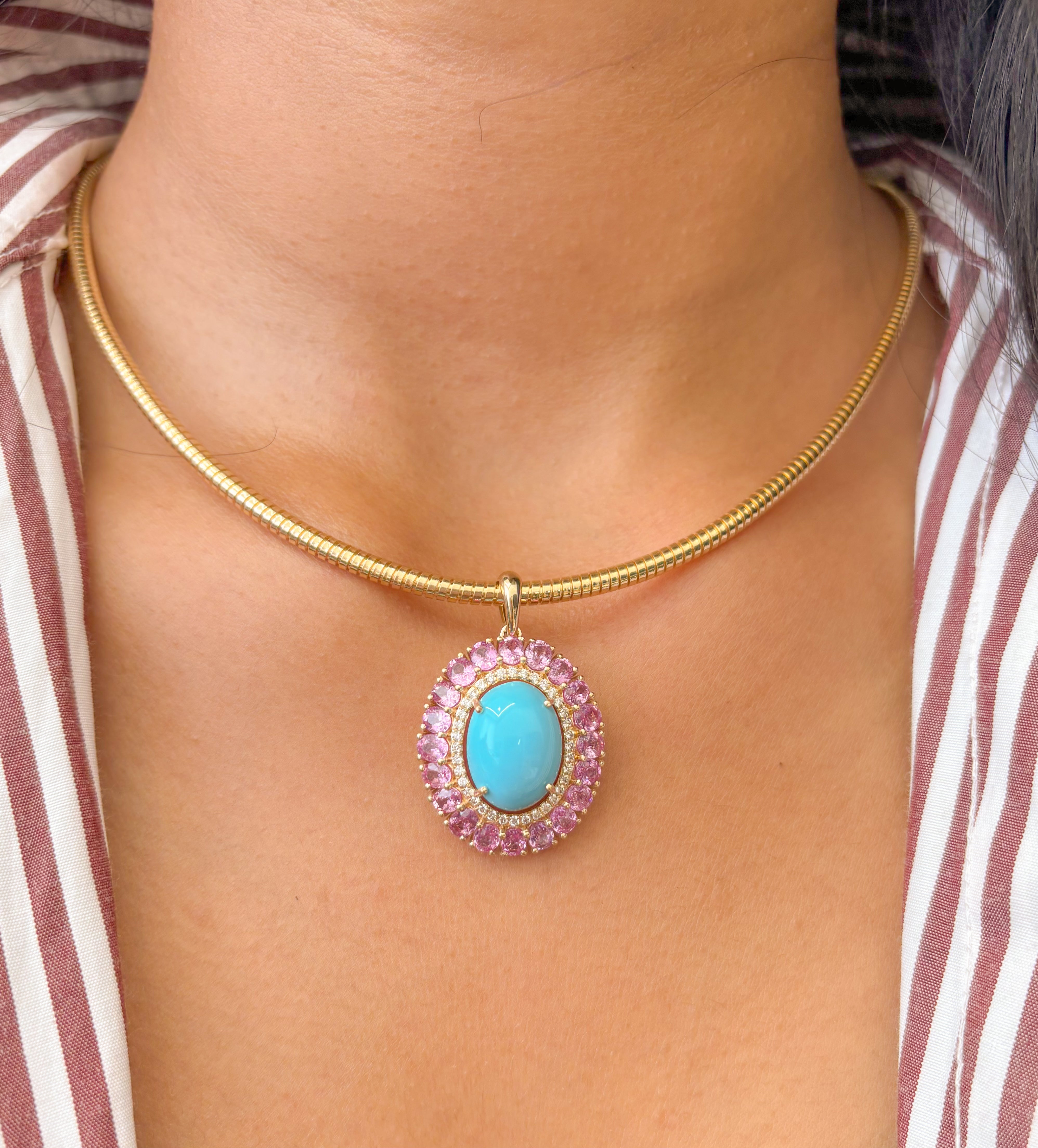 JPPD-884/9724 Turquoise Pink Sapphire Diamond Pendant | 14K