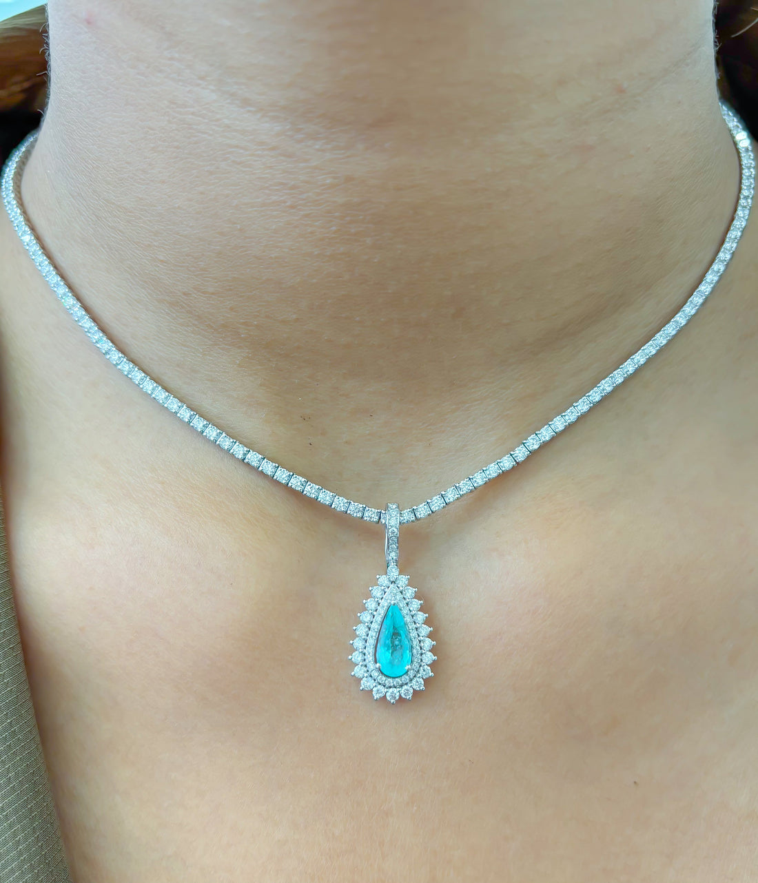 JPPD-897/9894 Paraiba Tourmaline Helo Diamond Pear Pendant | 18K