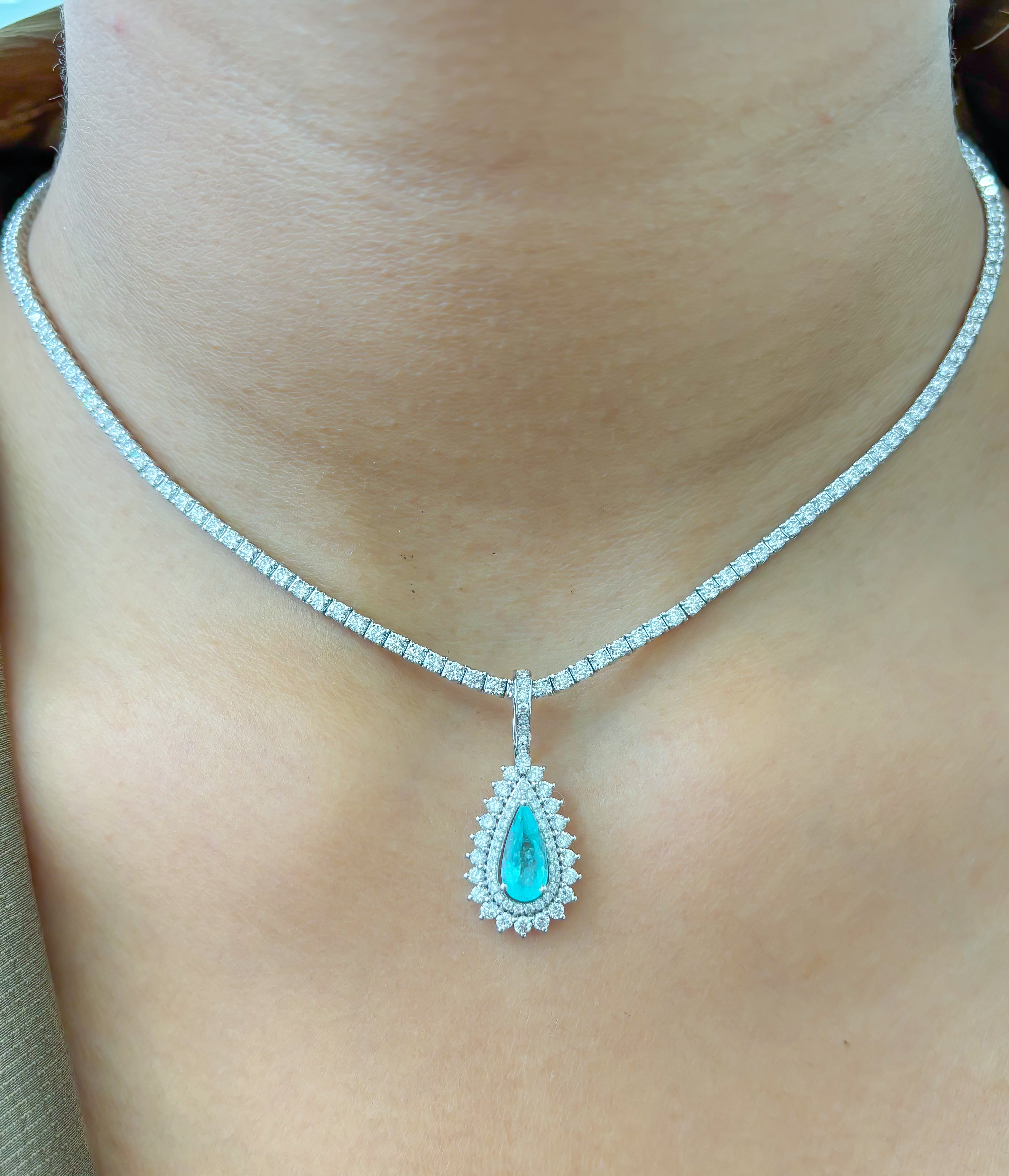 JPPD-897/9894 Paraiba Tourmaline Helo Diamond Pear Pendant | 18K