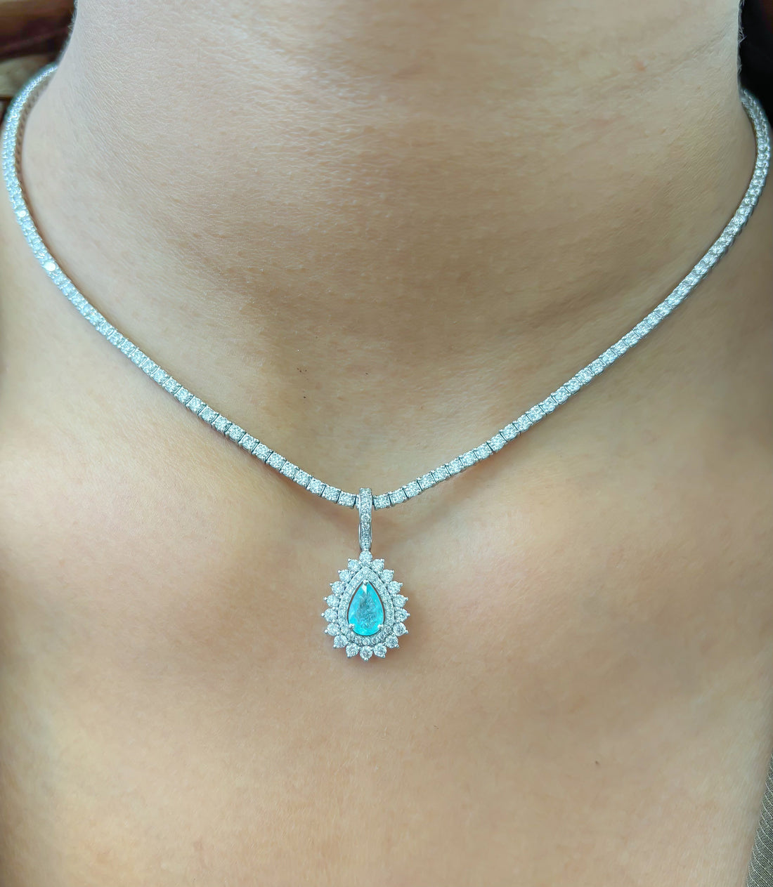 JPPD-900/9897 Paraiba Tourmaline Helo Diamond Pear Pendant | 18K
