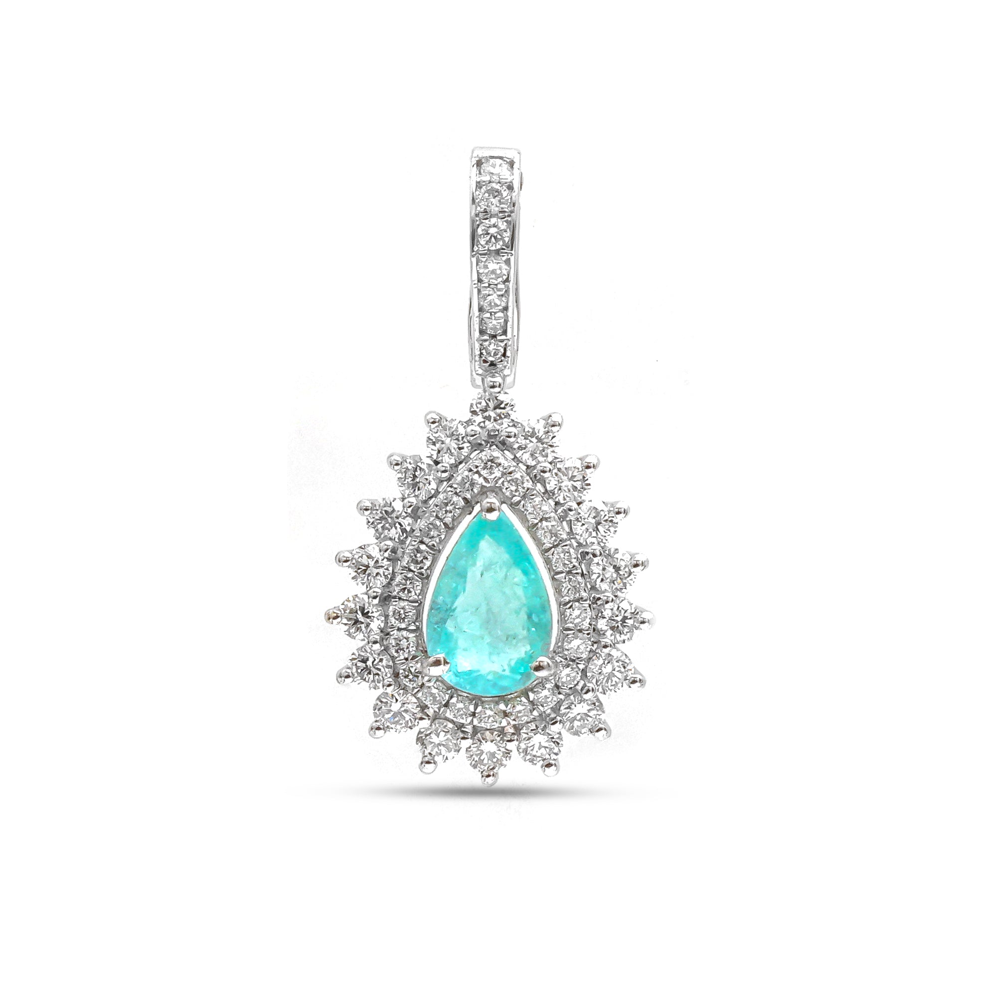 JPPD-900/9897 Paraiba Tourmaline Helo Diamond Pear Pendant | 18K