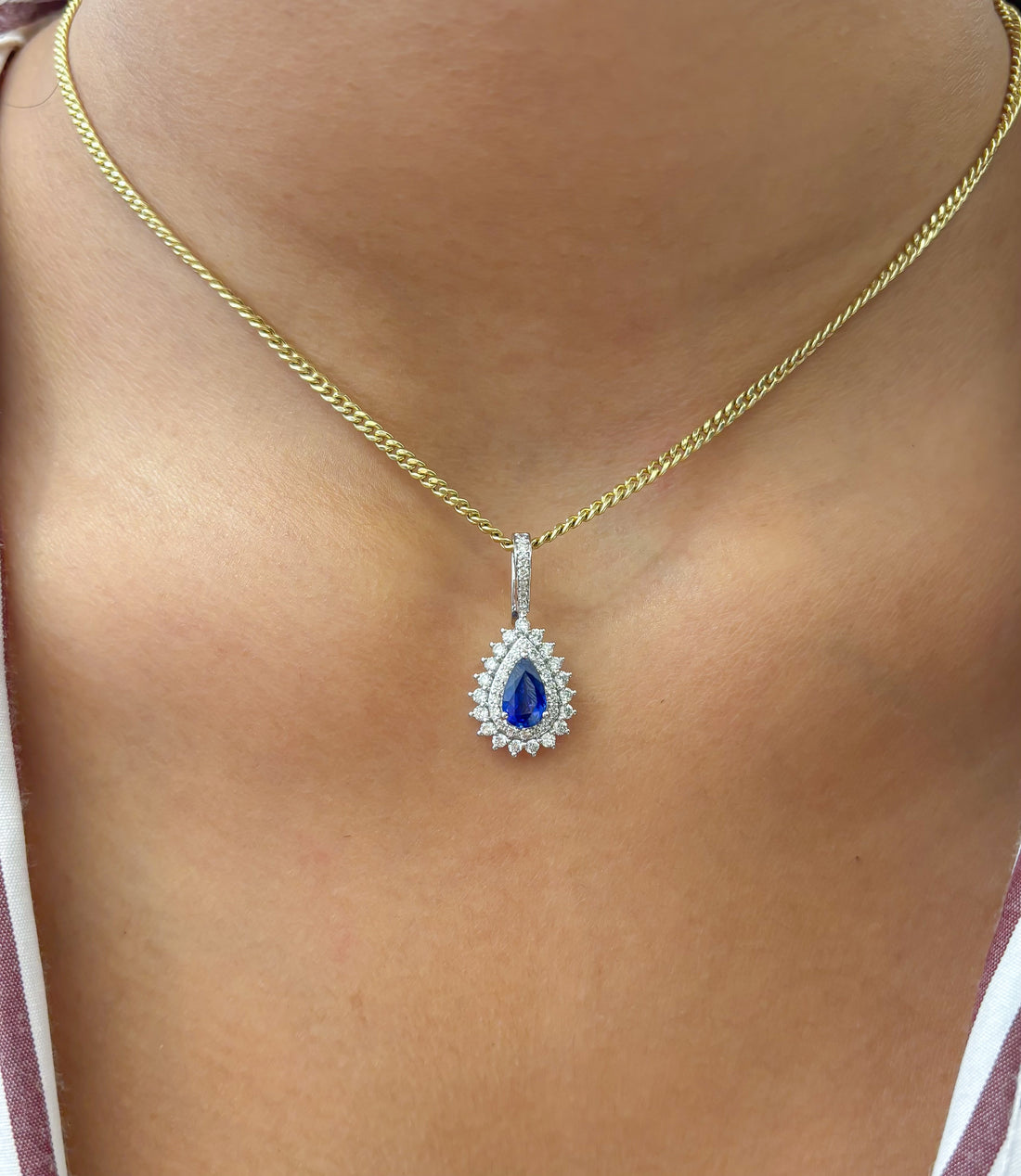 JPPD-996/10334 Blue Sapphire Helo Diamond Pear Pendant | 18K