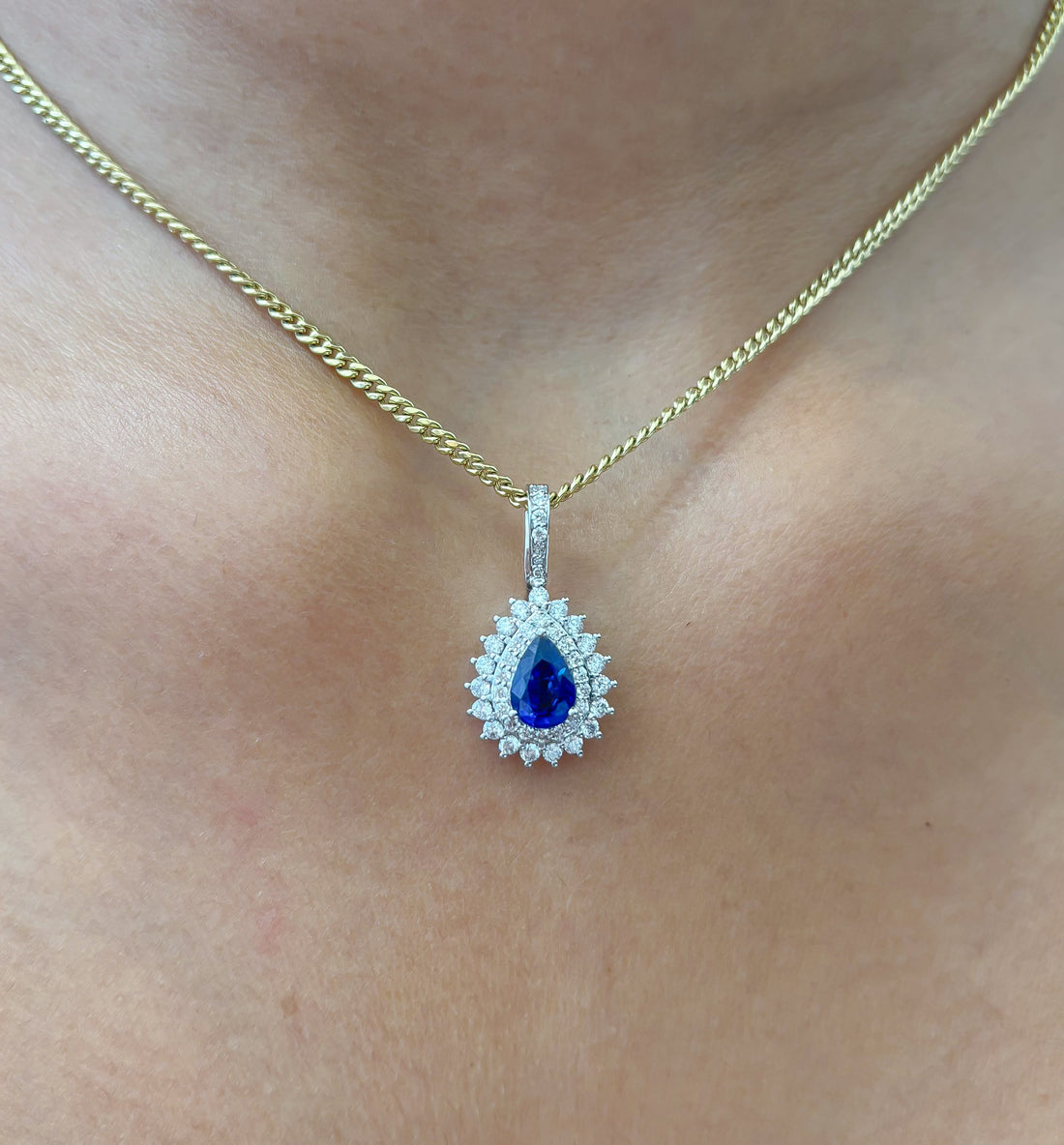 JPPD-998/10336 Blue Sapphire Helo Diamond Pear Pendant | 18K