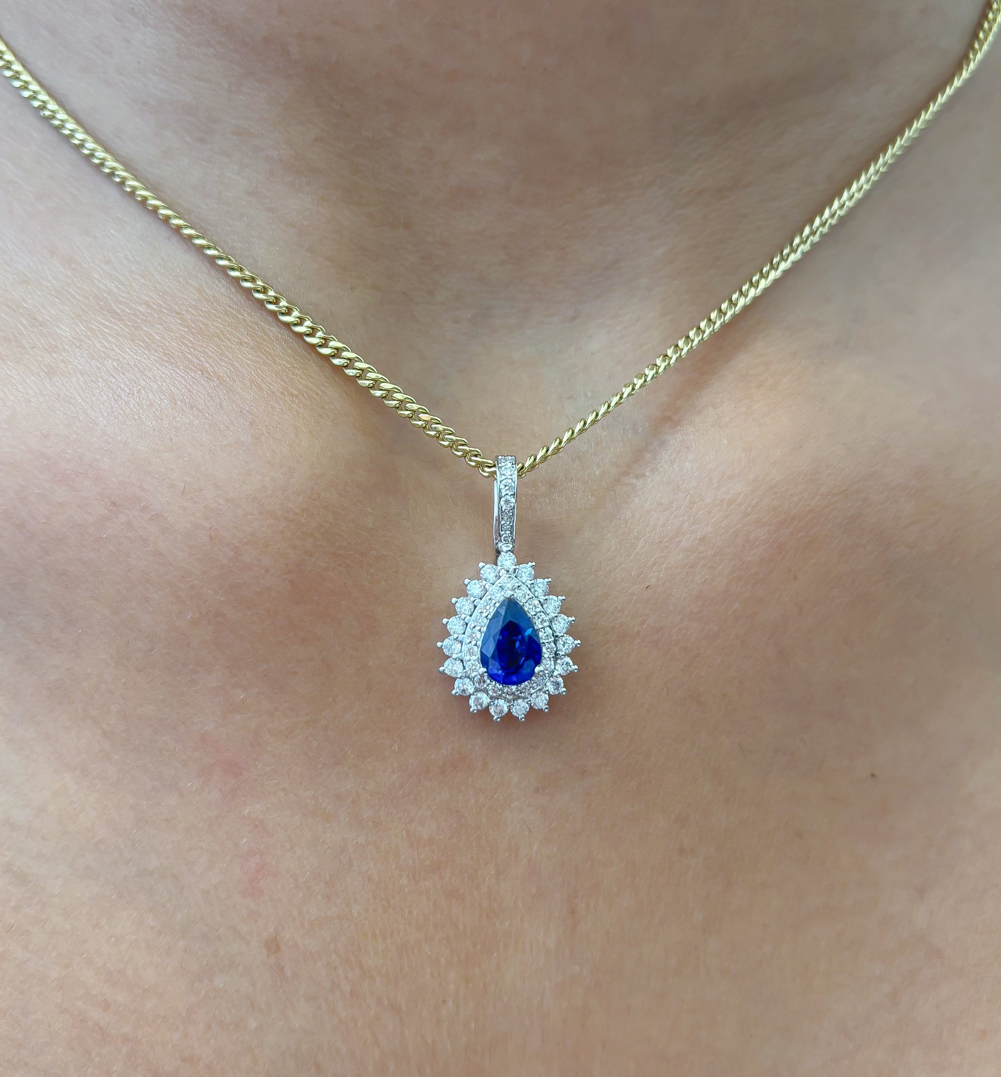 JPPD-998/10336 Blue Sapphire Helo Diamond Pear Pendant | 18K