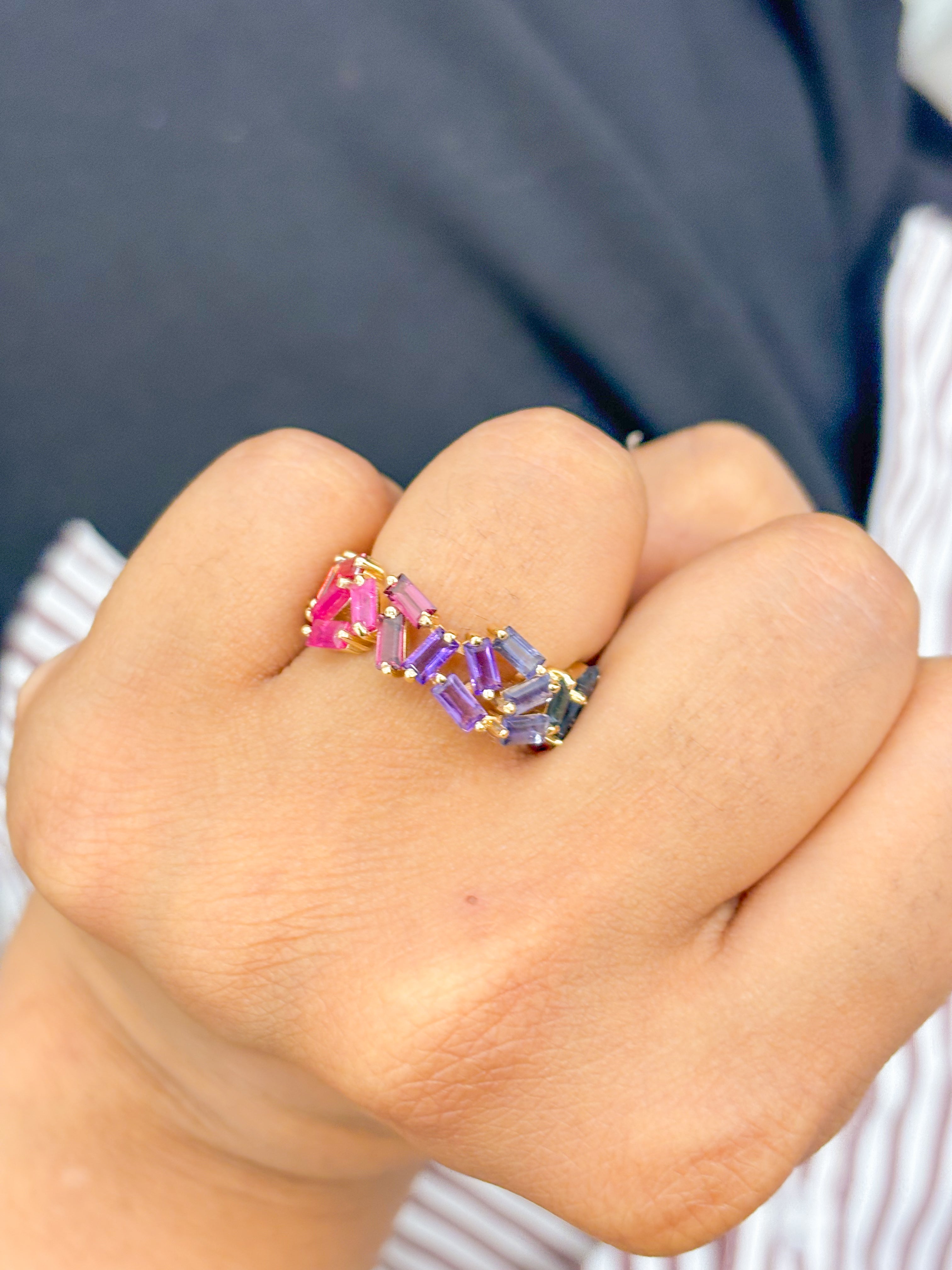 JPRG-1781/4478 Rainbow Gemstone Baguette 4X2 Ring | 14K