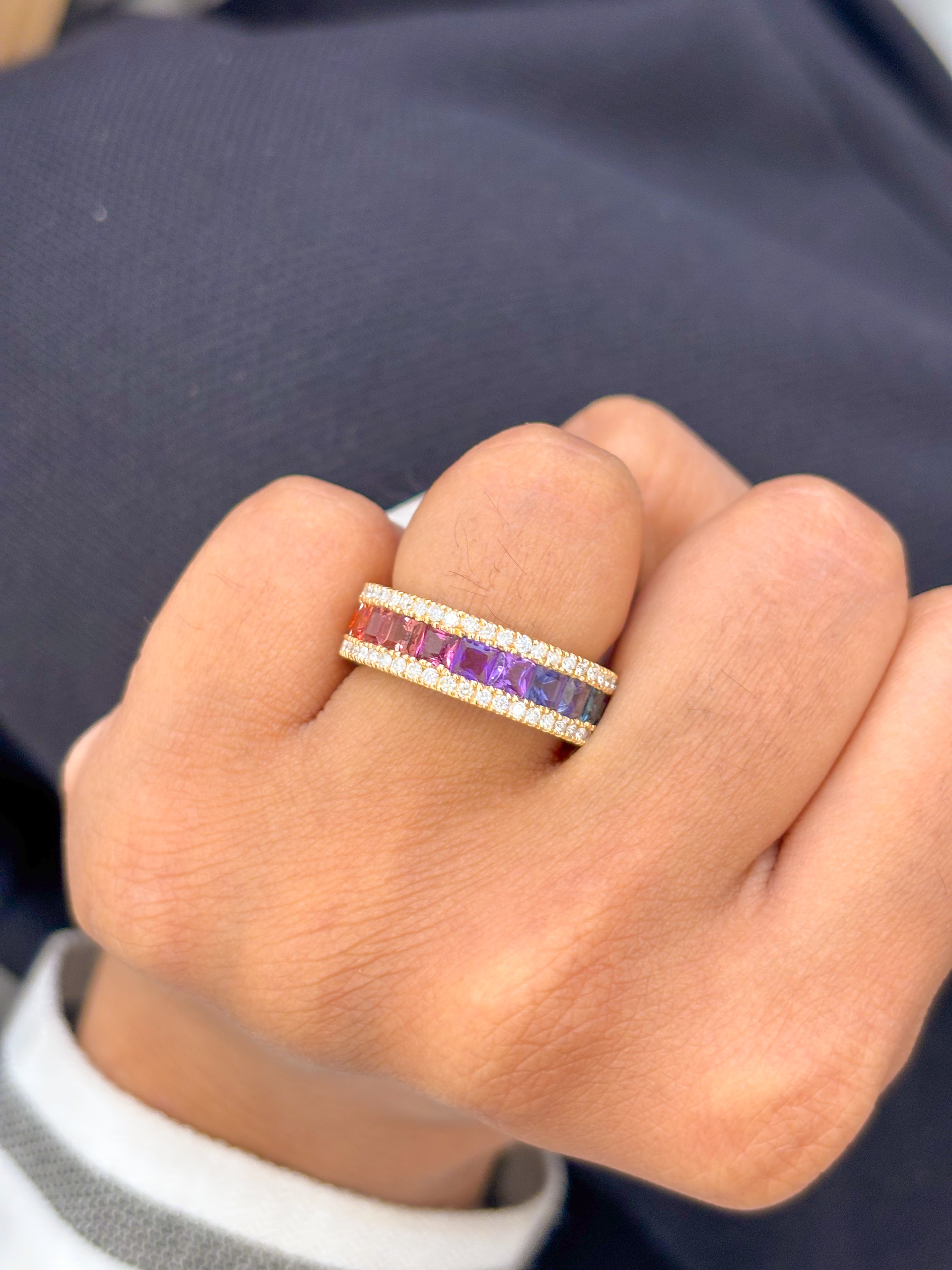 JPRG-1793/4492 Rainbow Gemstone Square 3Mm With Diamond Ring | 18K