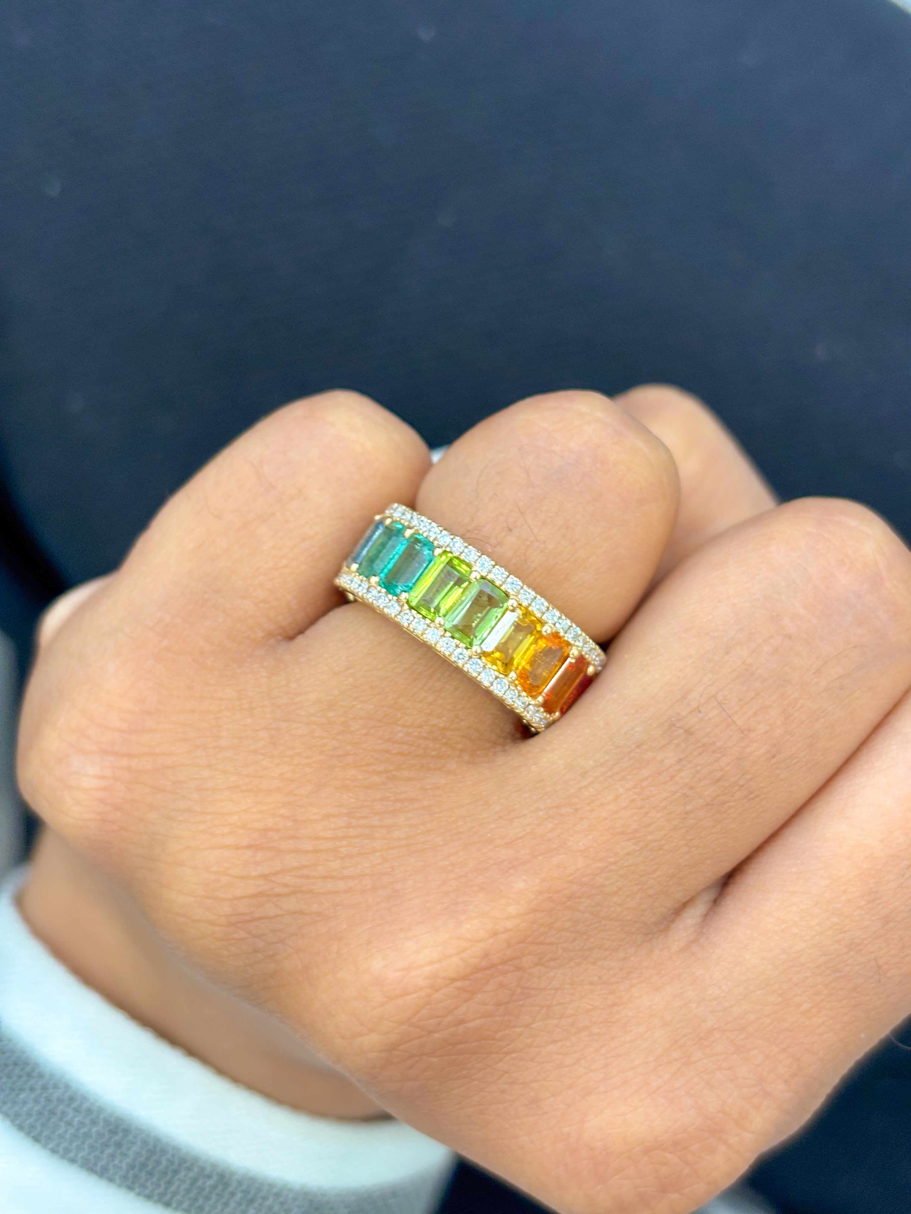 JPRG-1870/4608 Rainbow Gemstone Octagon 5X3 With Diamond Ring | 14K