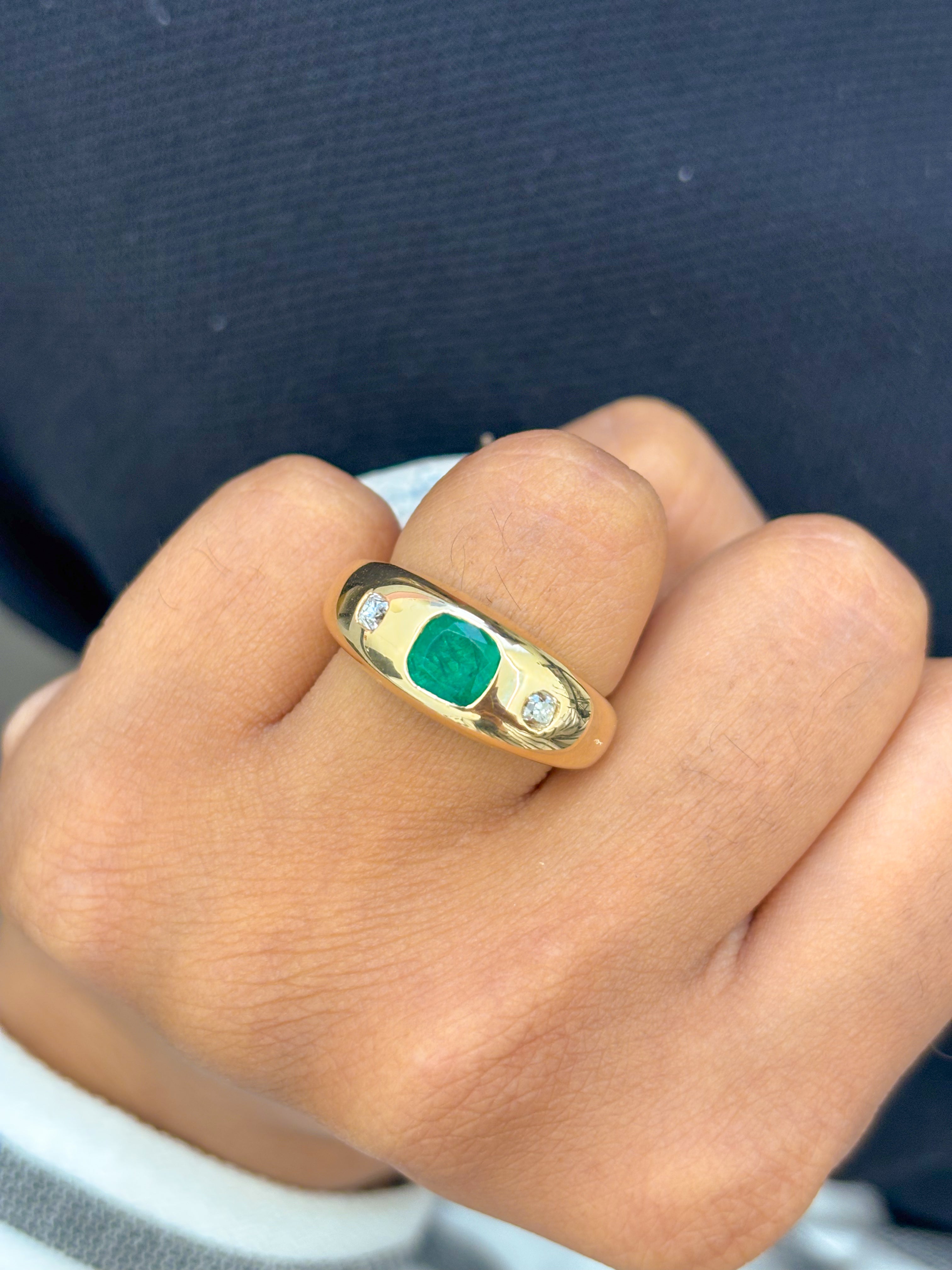 JPRG-2287/5823 Emerald Cushion With Diamond Chunky Ring | 14K