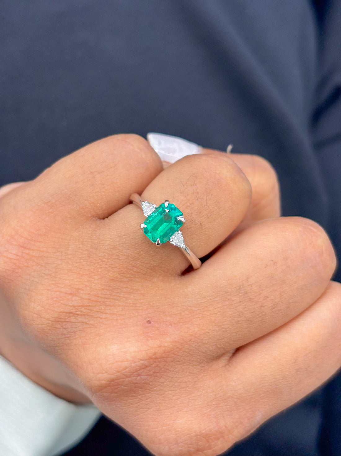 JPRG-2394/6097 Emerald Octagon With Diamond Fancy 3 Stone Ring | 18K