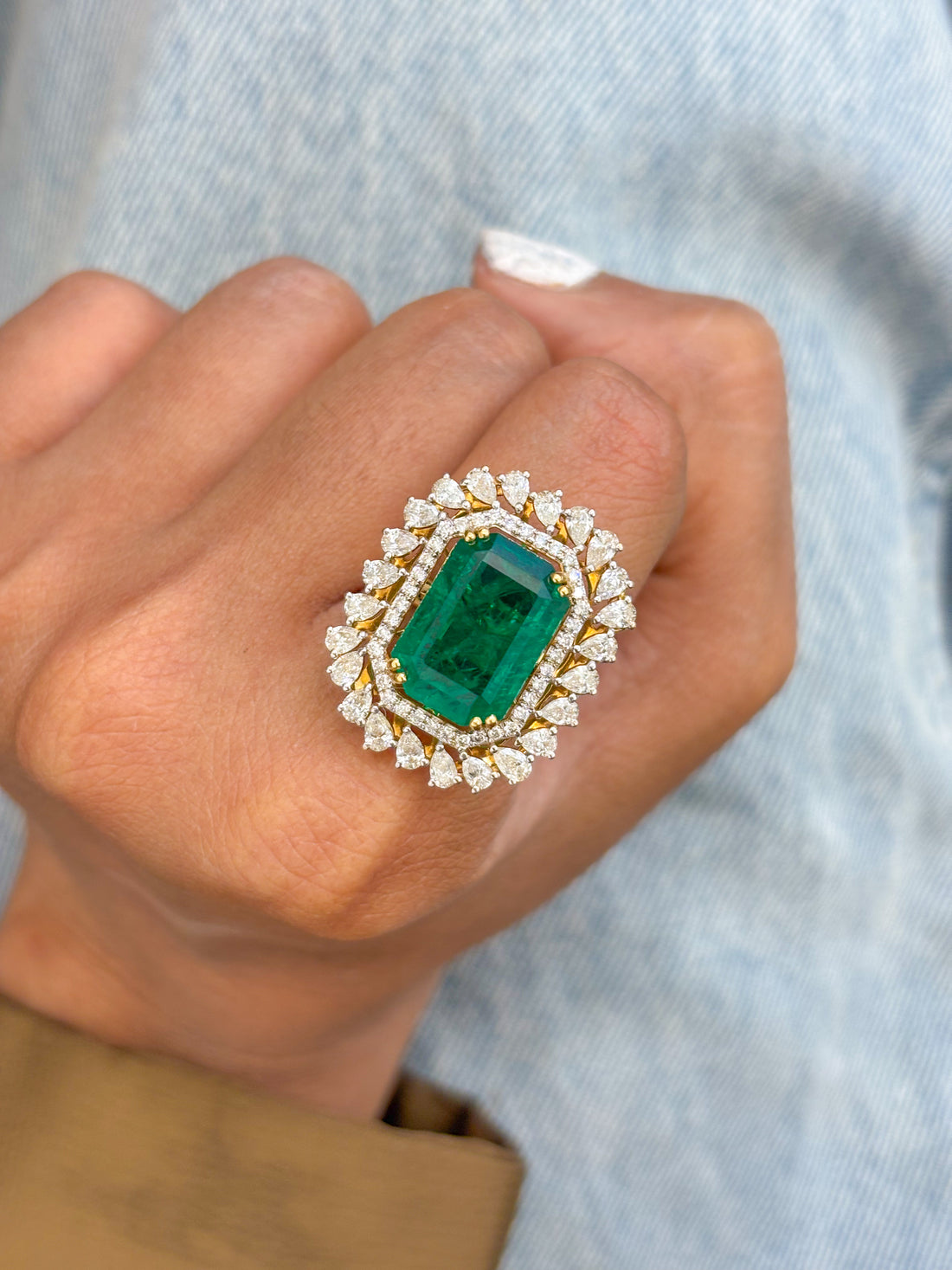 JPRG-2431/6167 Emerald Big Octagon With Pear Diamond Ring | 18K