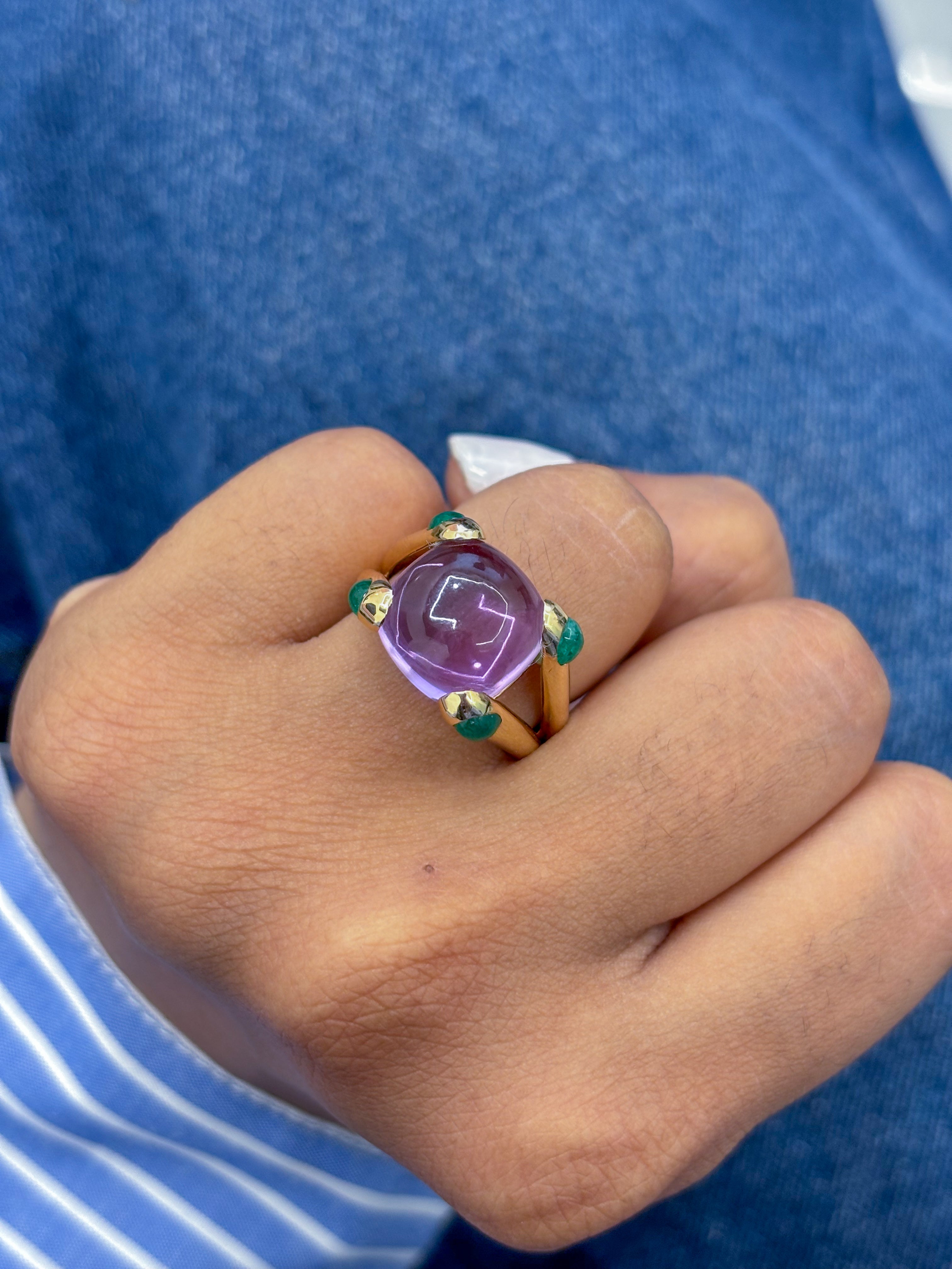 JPRG-2442/6205 Amethyst Cushion 12X12 With Emerald Cab Ring | 14K