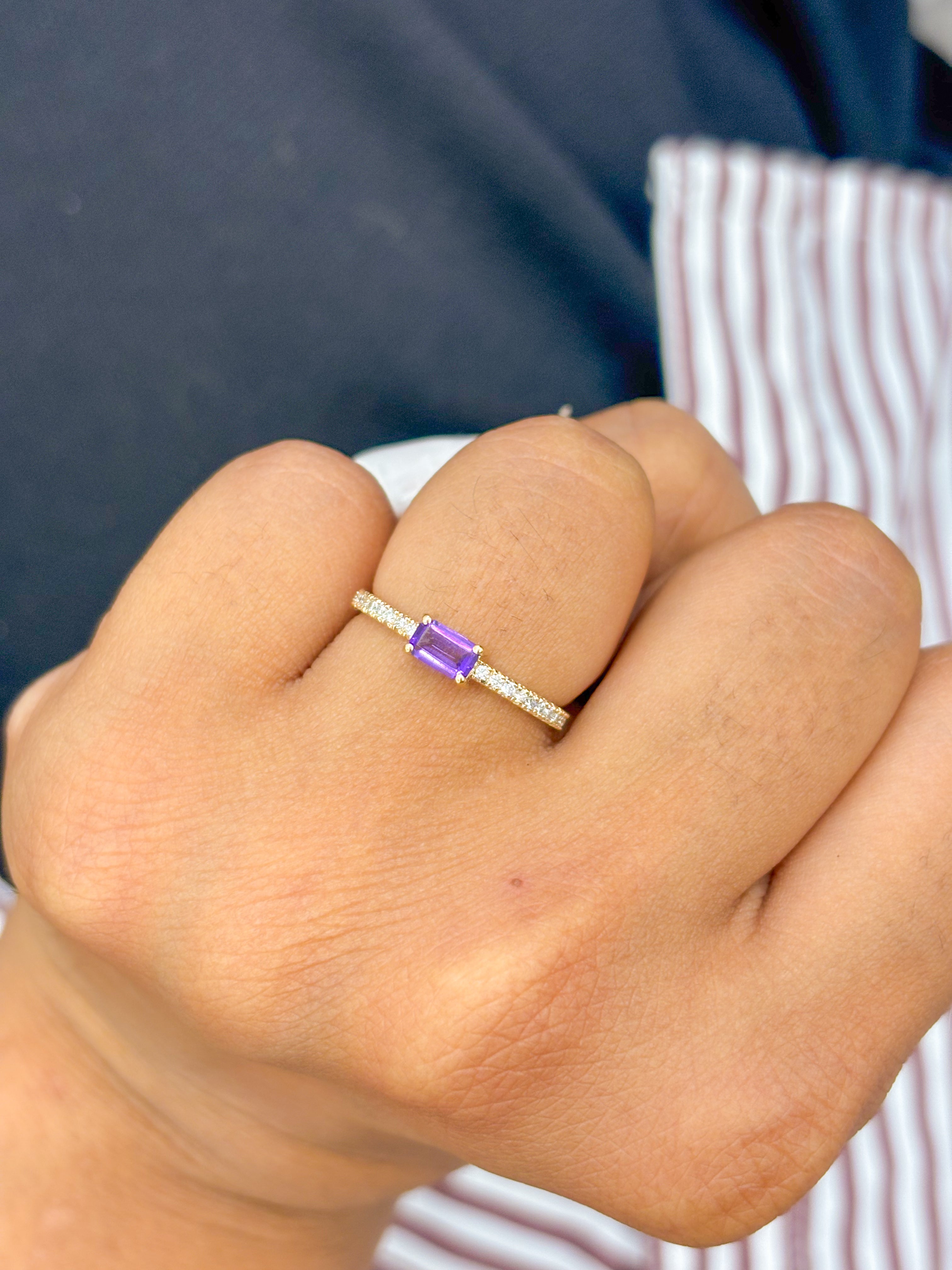 JPRG-2564/6643 Amethyst Diamond Octagon Thin Ring | 14K