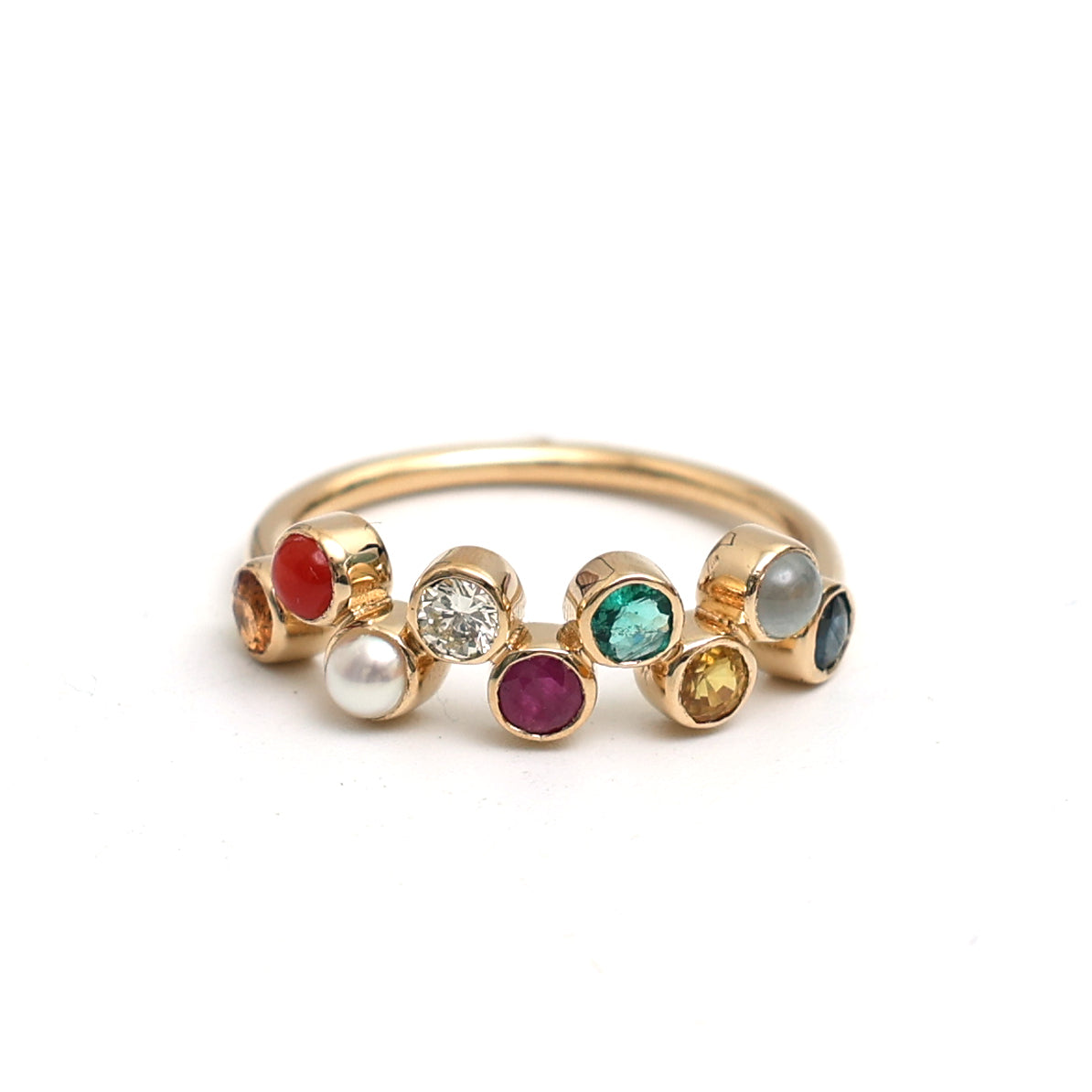 JPRG-2647/6906 Navratna Round Half Bezel Set Ring | 18K