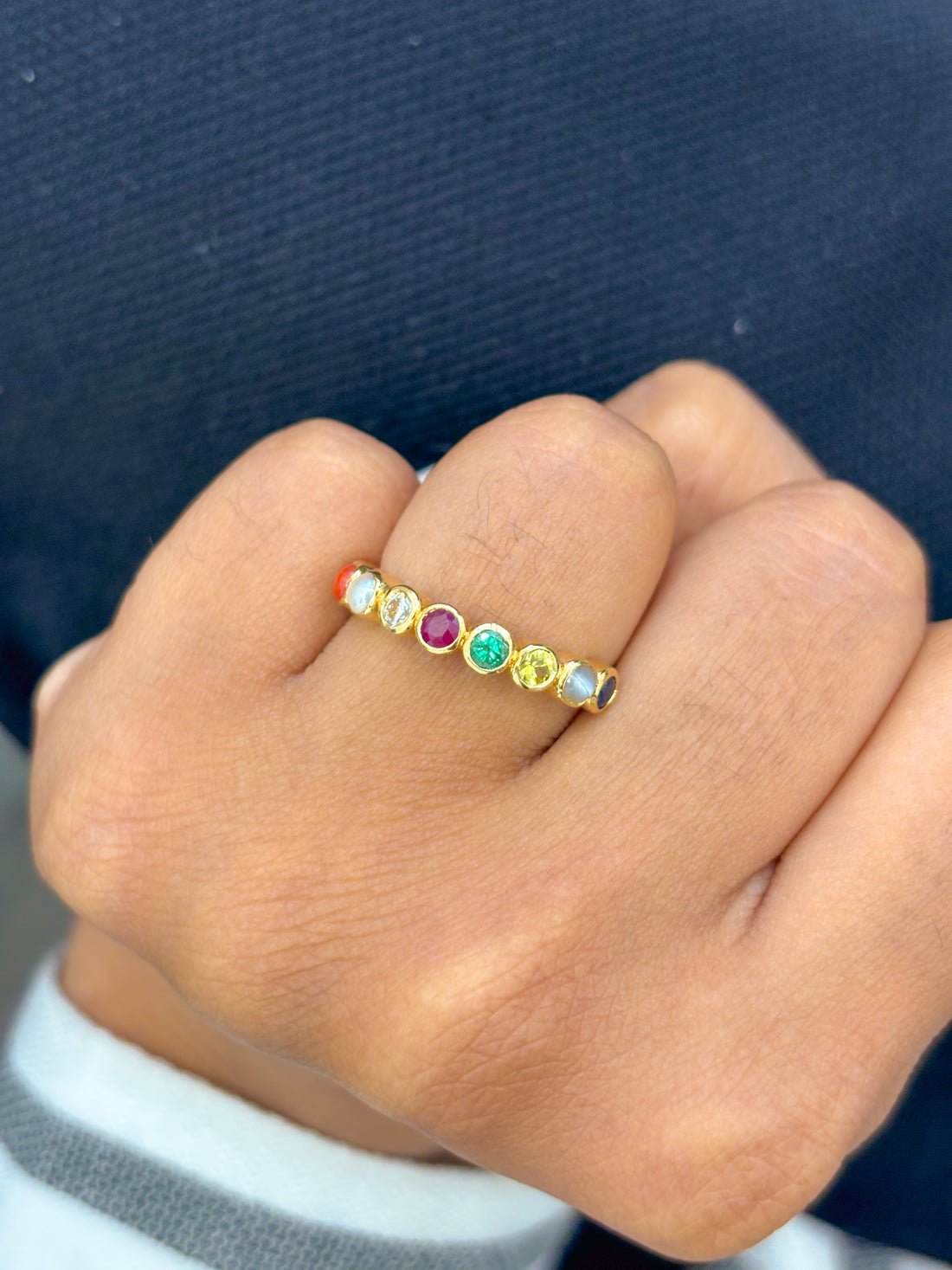 JPRG-2648/6907 Navratna Round Half Bezel Set Ring | 18K
